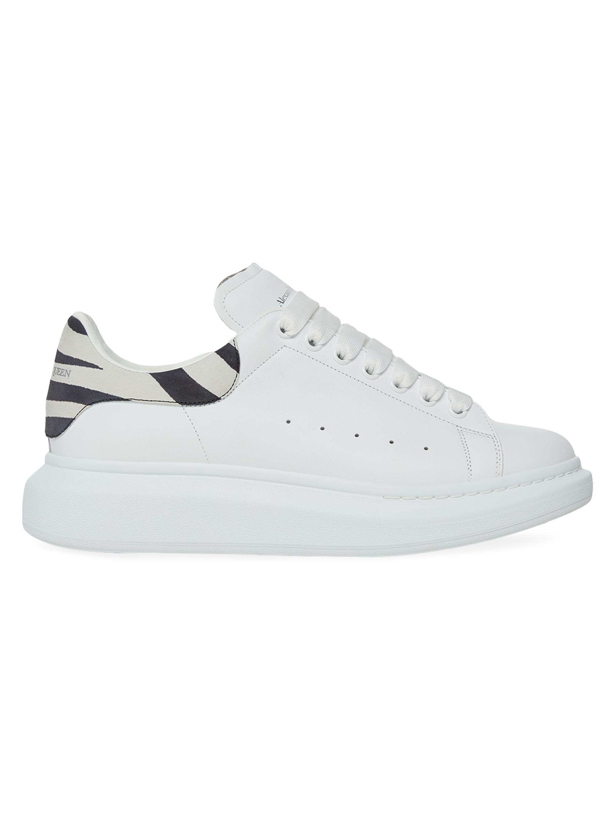 McQueen Men's Oversized Zebra-Backstay Leather Low-Top Sneakers - White Black