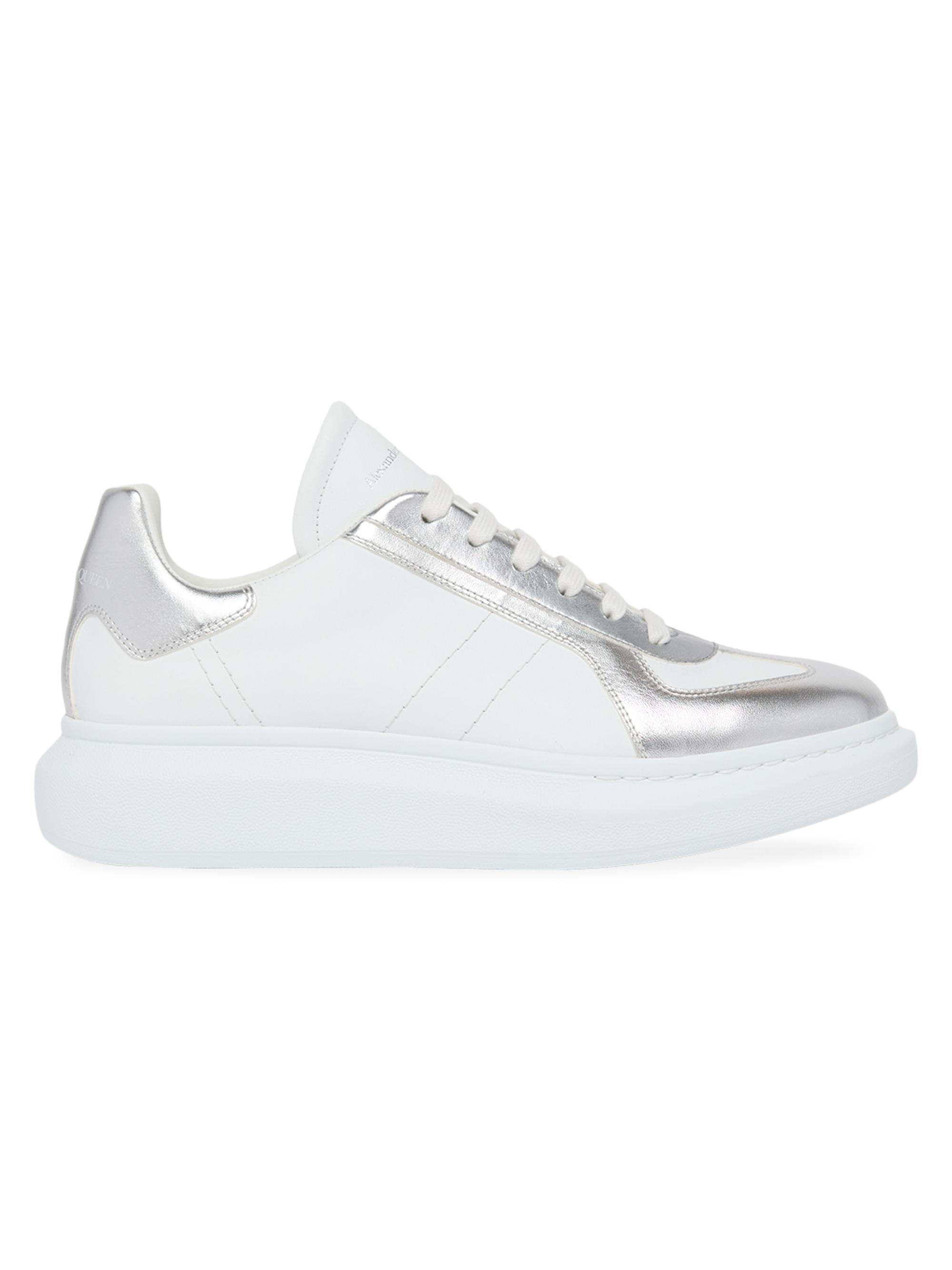 McQueen Men's Retro Oversized Metallic Leather Low-Top Sneakers - Shiny Gray