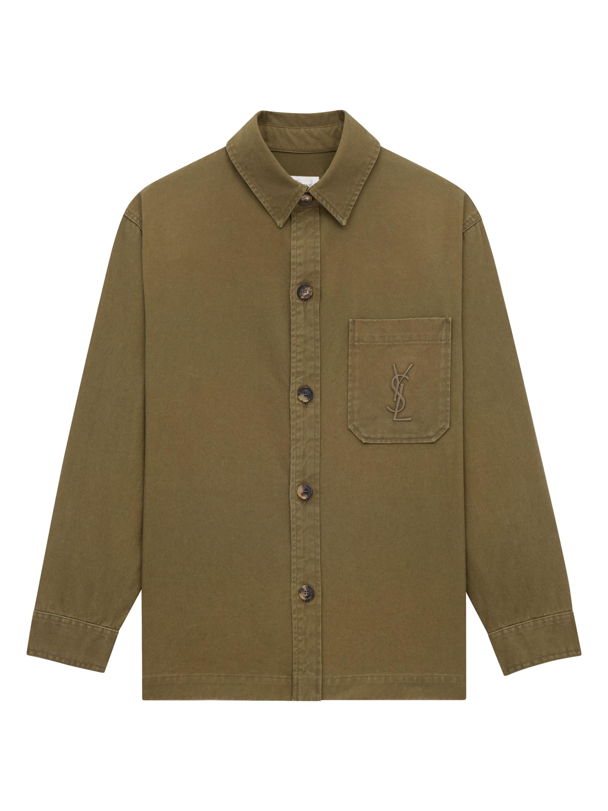 Saint Laurent Men's Cassandre Overshirt in Cotton Linen Gabardine - Vintage Kaki