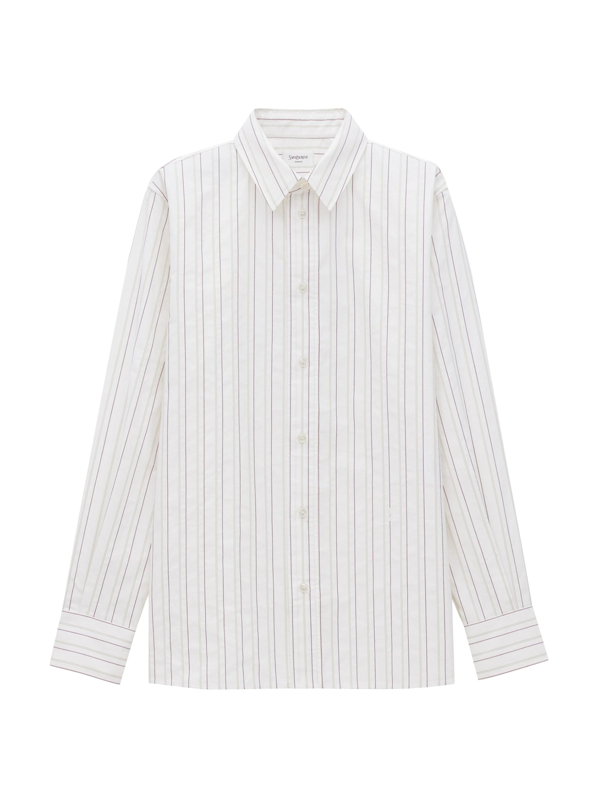 Saint Laurent Men's Cassandre Shirt in Striped Cotton - Craie Kaki