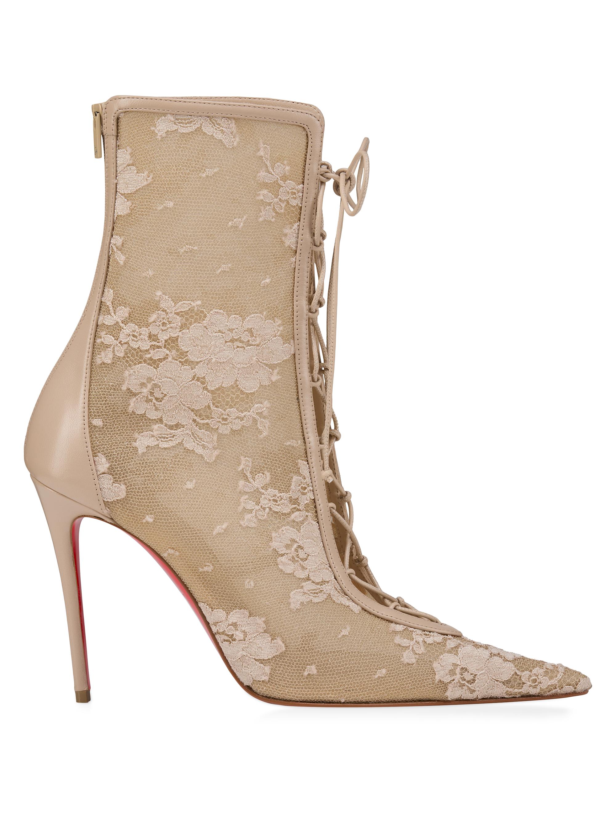 Christian Louboutin Women's Km 100MM Lace and Leather Boots - Pearl