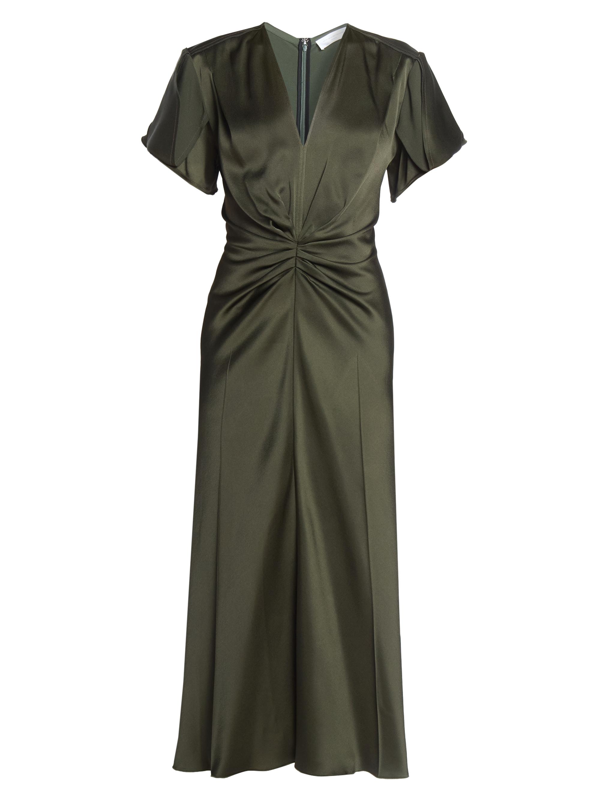 Victoria Beckham Women's Bella Satin Ruched V-Neck Midi-Dress - Dark Olive