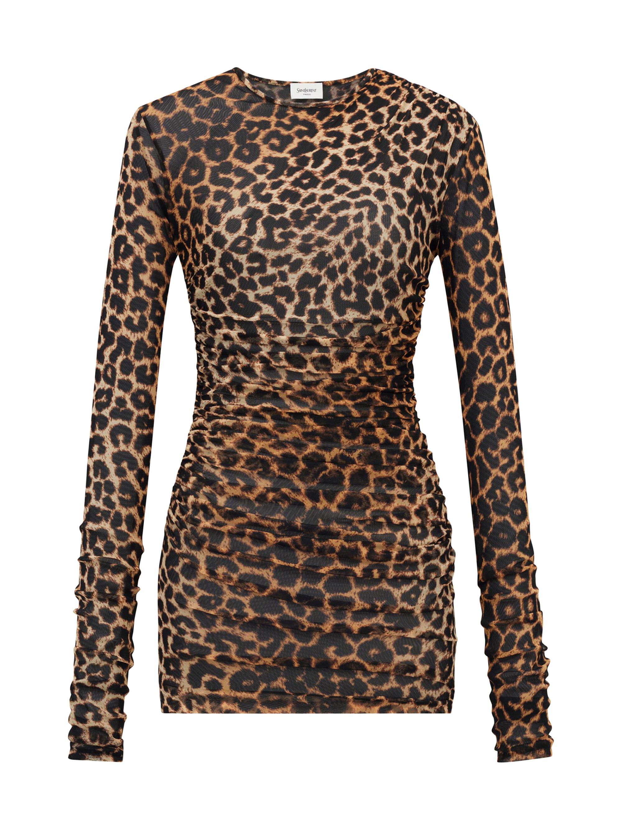 Saint Laurent Women's Ruched Mini Dress in Leopard Tulle Jersey - Brown