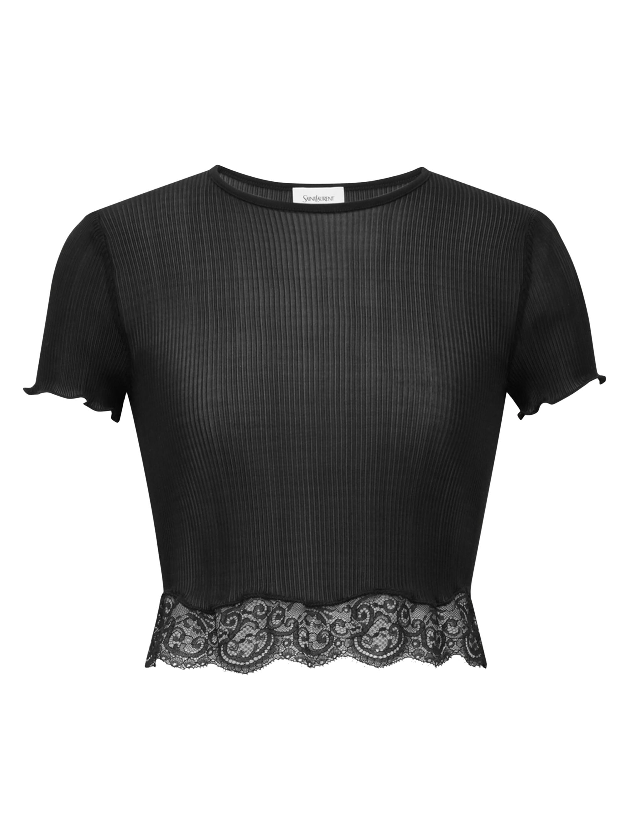 Saint Laurent Women's Laced T-Shirt in Ribbed Silk - Black