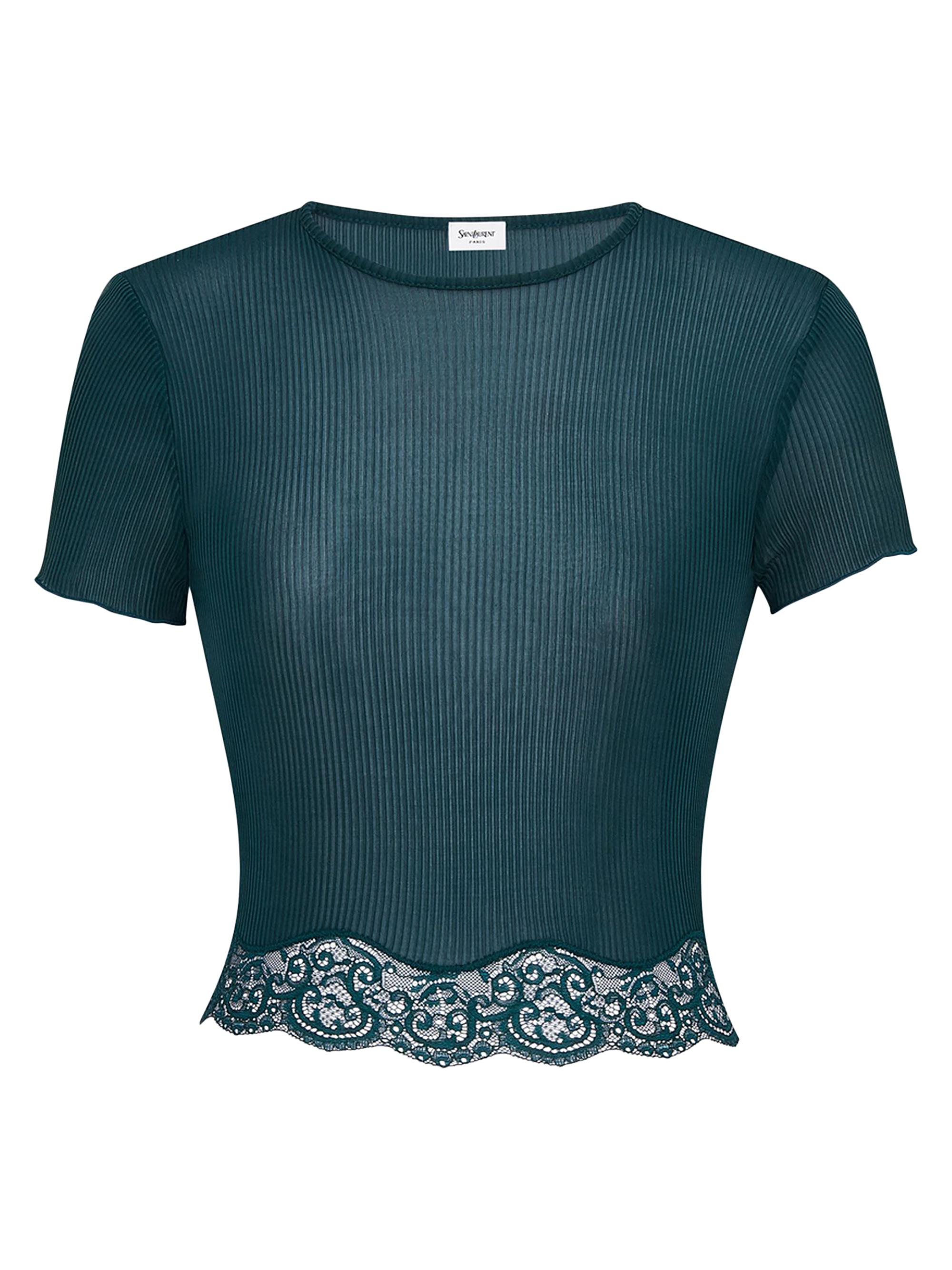 Saint Laurent Women's Laced T-Shirt in Ribbed Silk - Vert Iraty