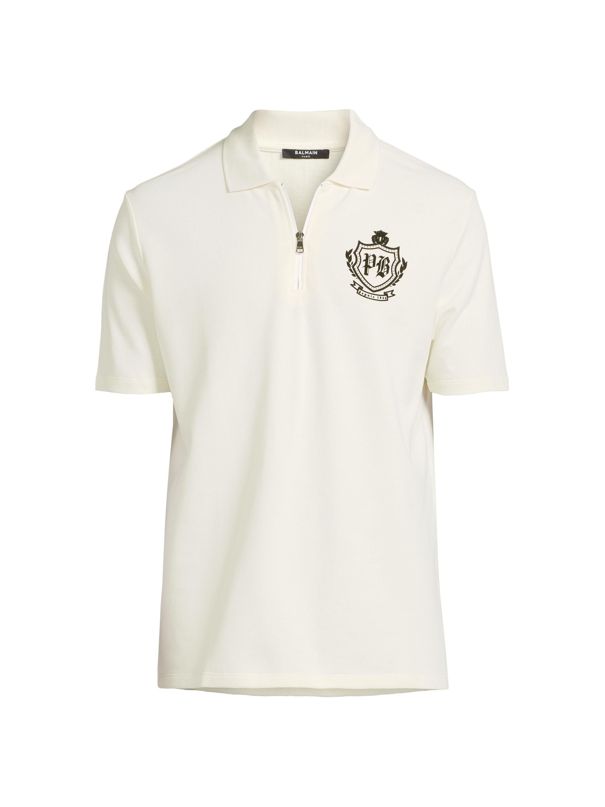 Balmain Men's College Emblem Polo Shirt - White Black