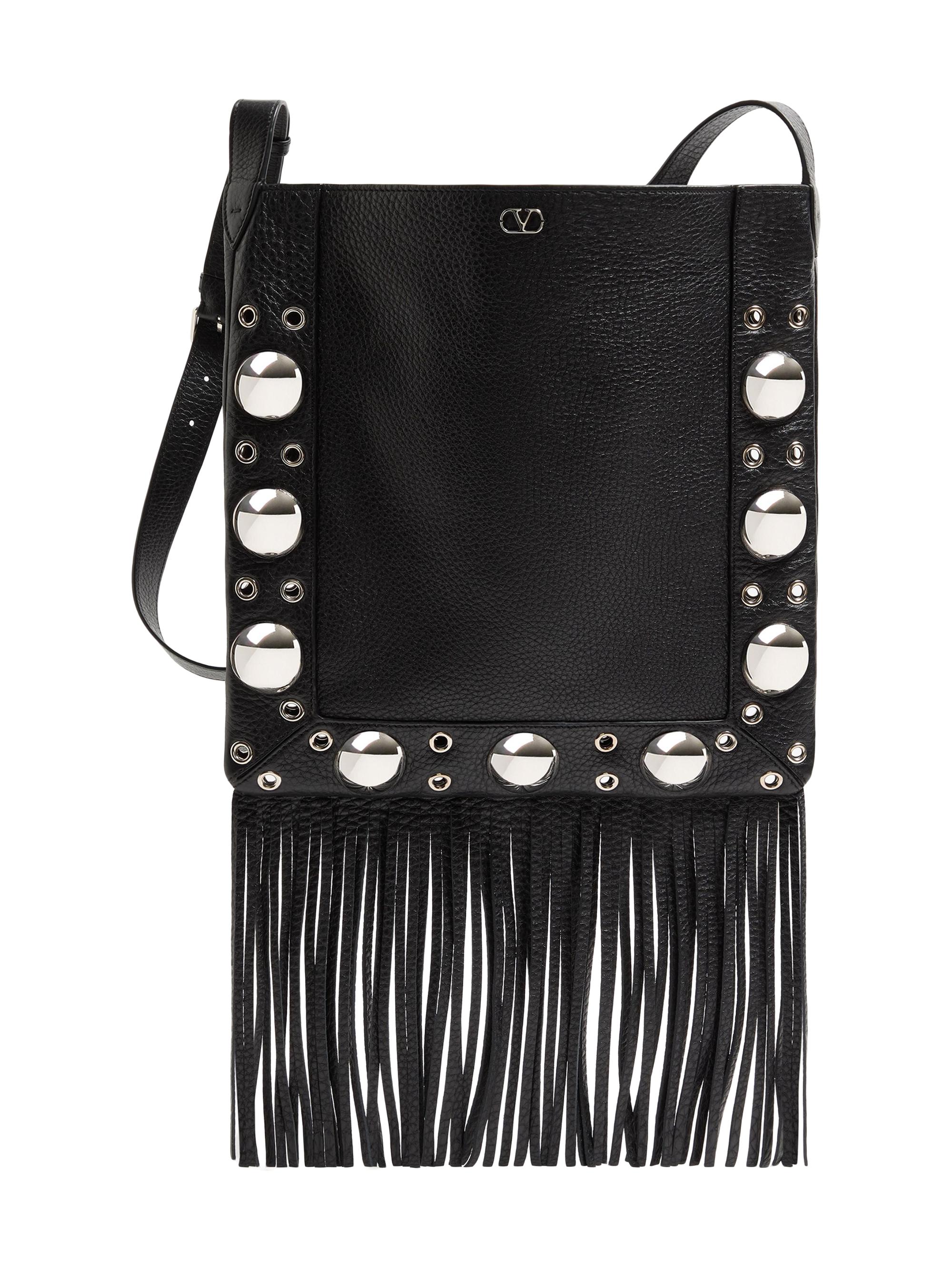 Valentino Garavani Men's Nellcôte Shoulder Bag in Grainy Calfskin with Fringes - Black