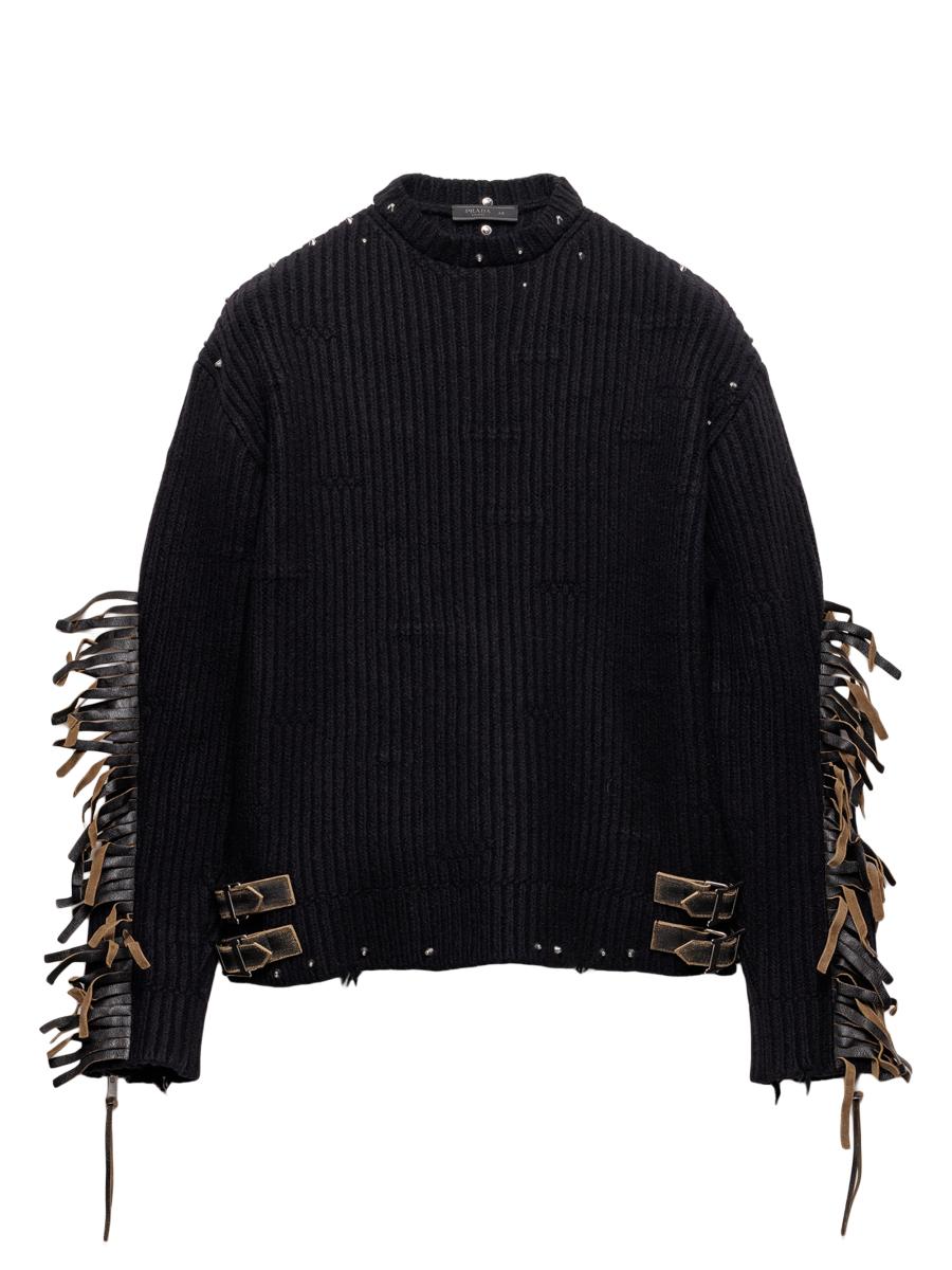 Prada Wool Crew-Neck Sweater with Fringe and Studs | Saks Fifth Avenue
