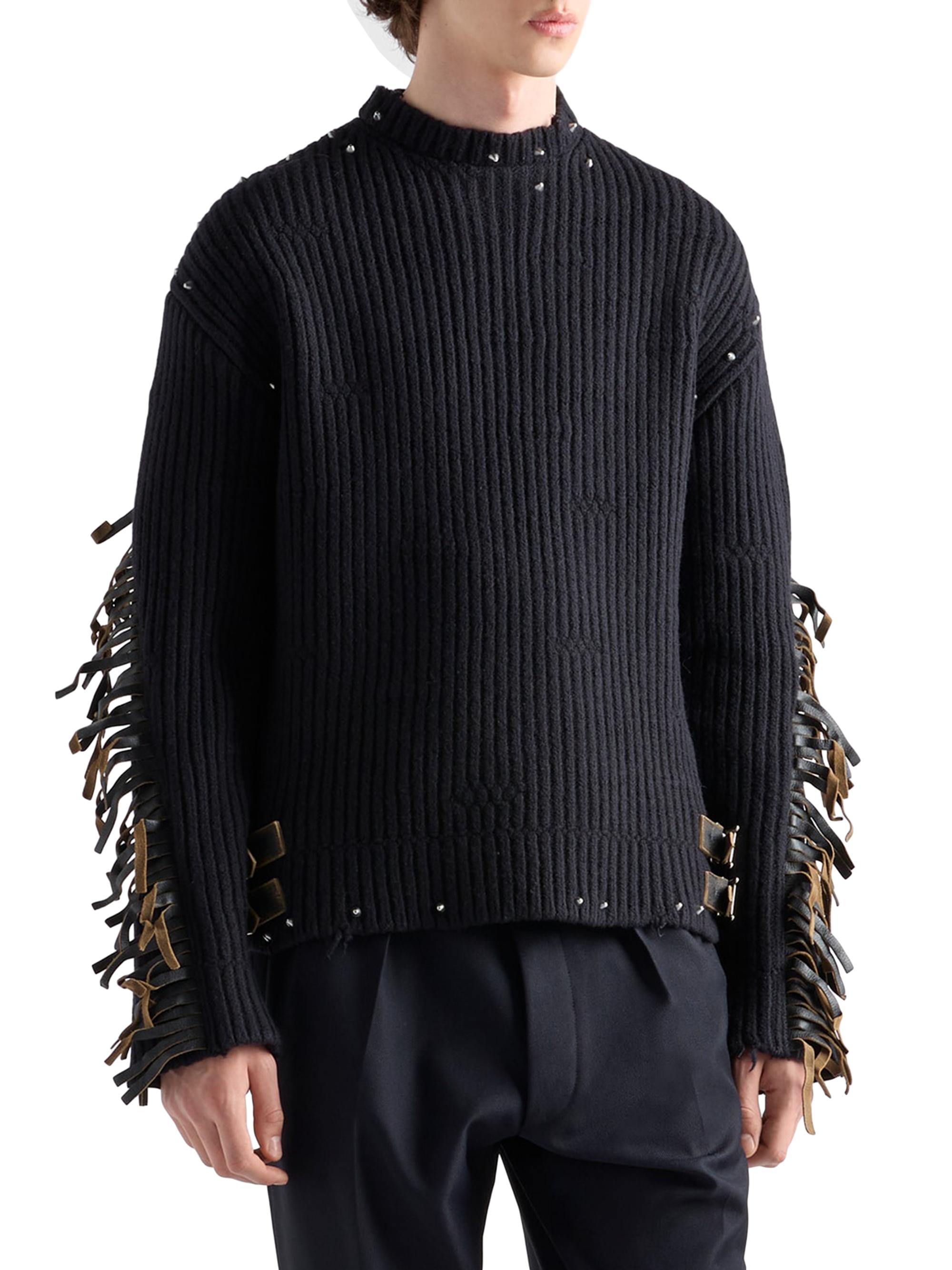 Prada Wool Crew-Neck Sweater with Fringe and Studs | Saks Fifth Avenue