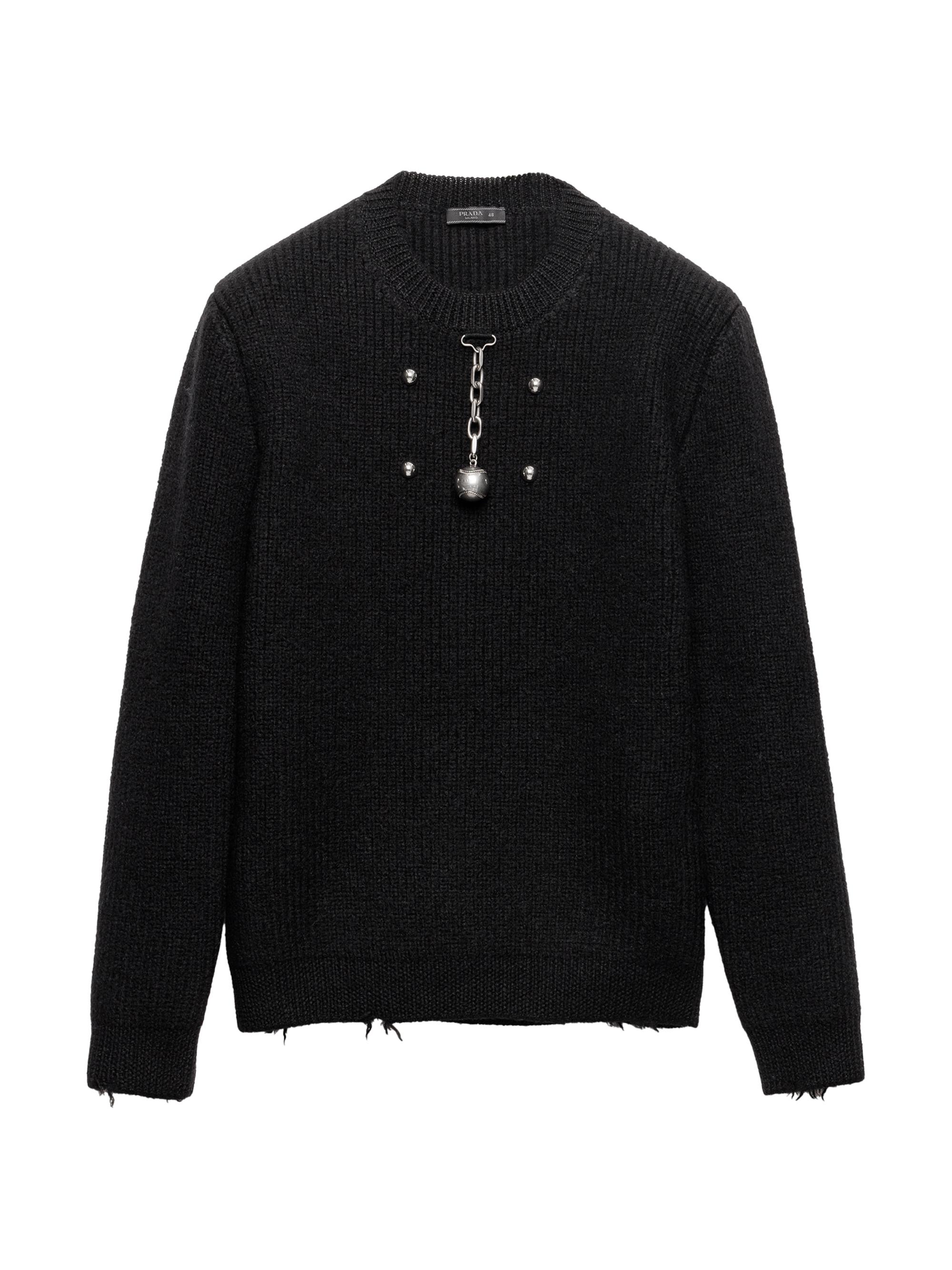 トップス PRADA nylon wool ds knit black Prada Wool Crew-Neck Sweater with Fringe and Studs | Saks