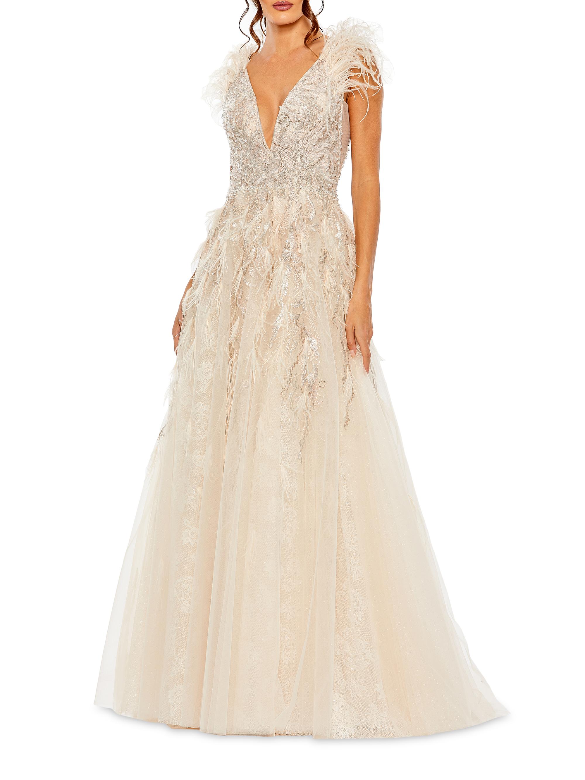 Mac Duggal Women's Embellished Feathered Fit-and-Flare Gown - Beige