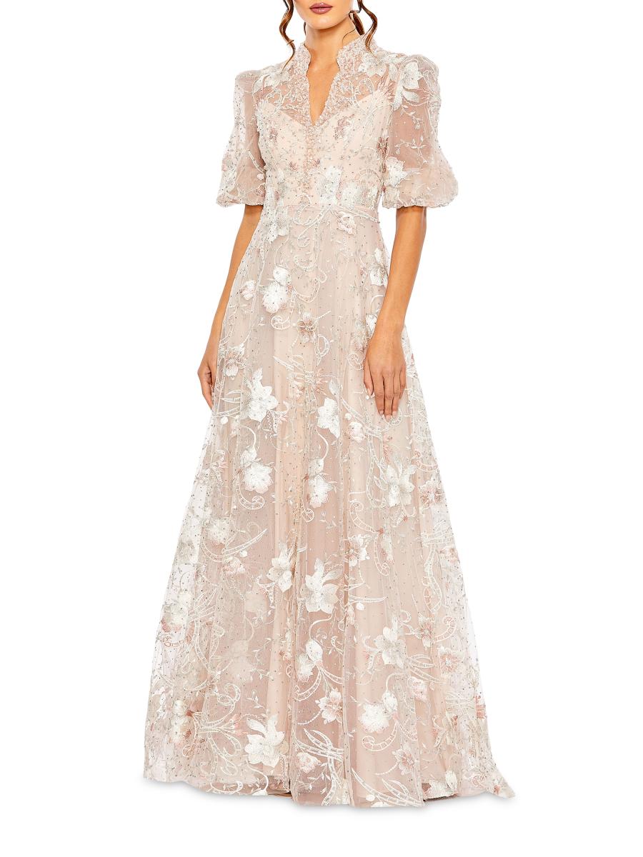 Mac Duggal Floral-Embroidered Puff A-Line Gown