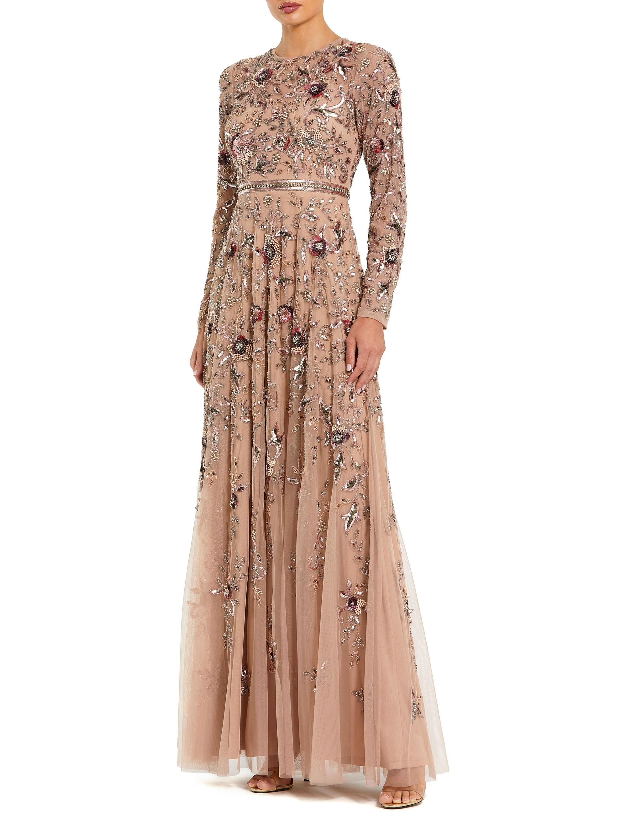 Mac Duggal Women's Floral-Embellished Mesh A-Line Gown - Mocha | Thumbnail 4