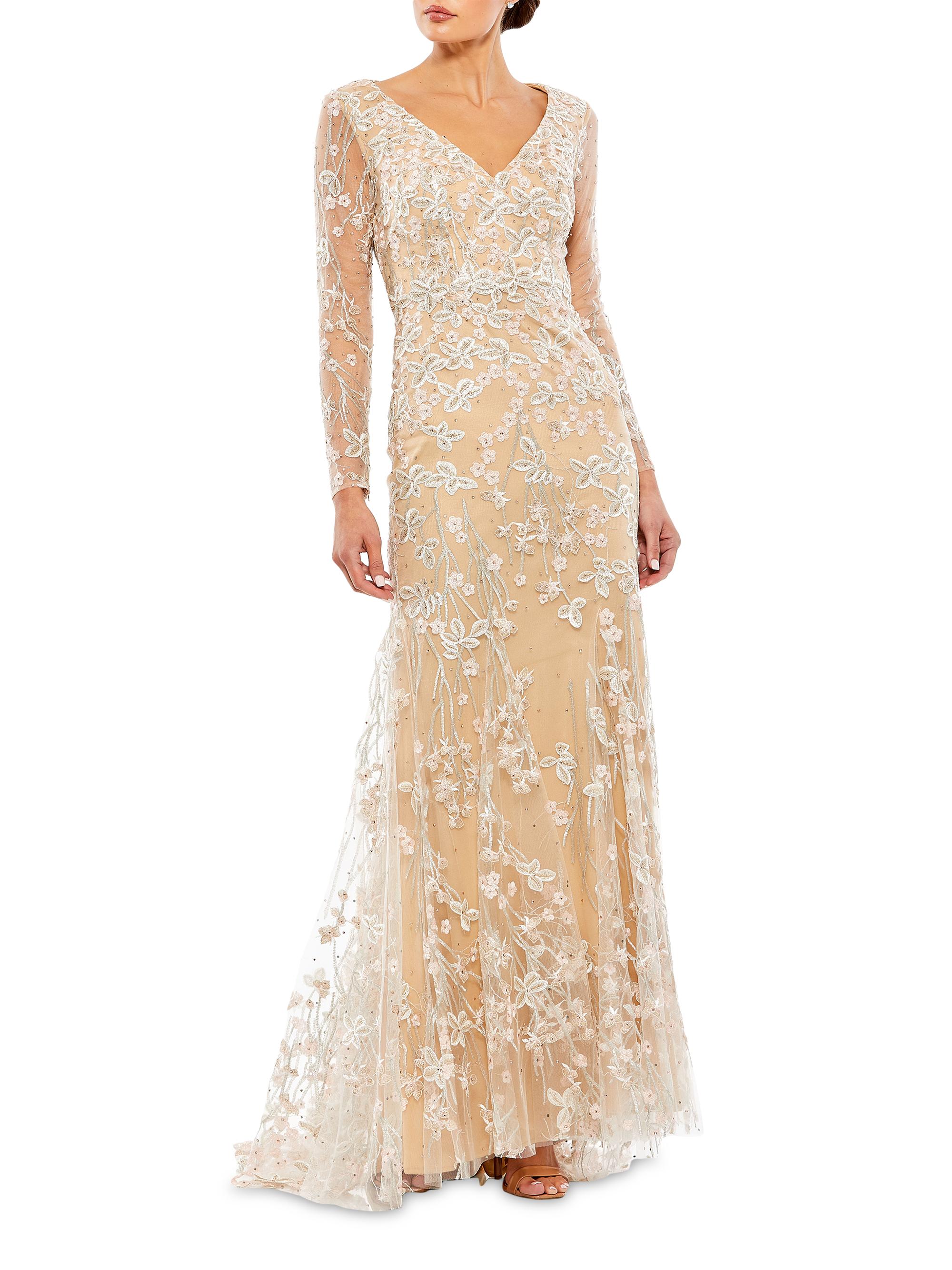 Mac Duggal Women's Floral-Embroidered V-Neck Trumpet Gown -  Beige