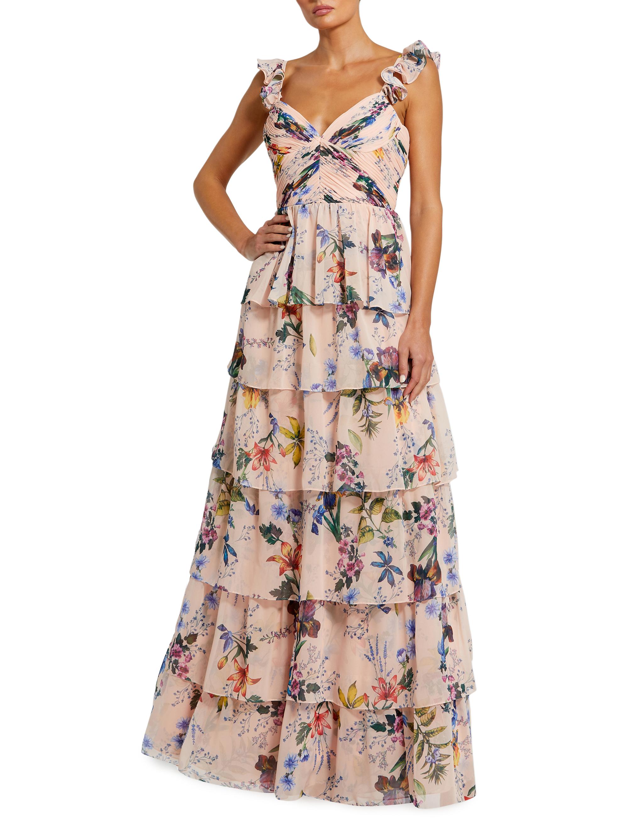Mac Duggal Women's Ieena Chiffon Floral Print Tiered Gown - Pink Multi