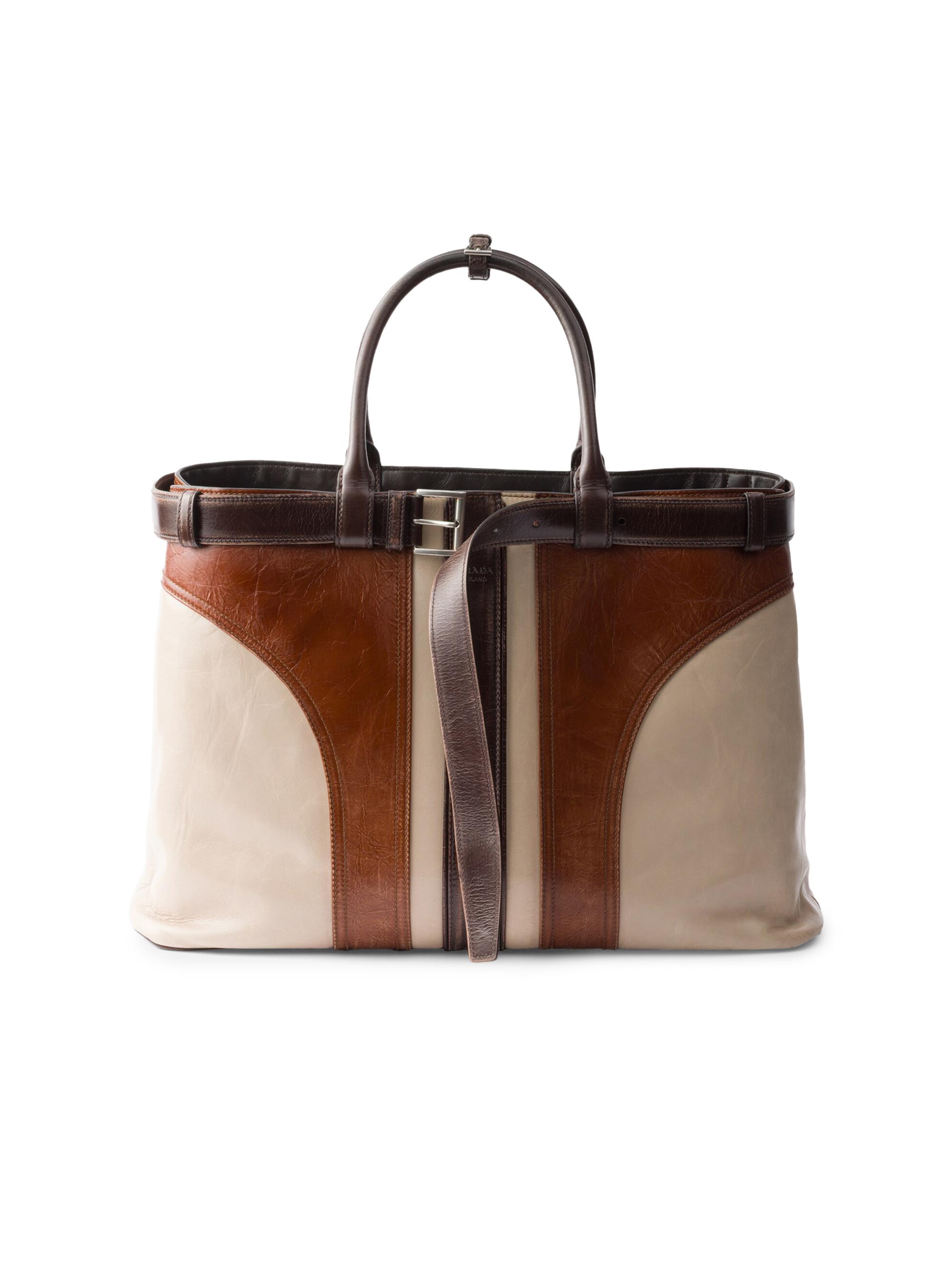 Prada Men's  Buckle Antiqued Leather Bag with Belt - Beige Khaki