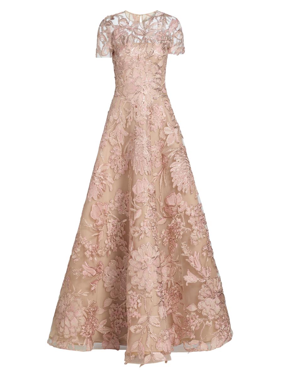 naeem khan floral embroidered dress FLORAL EMBELLISHED CAP SLEEVE COLUMN GOWN