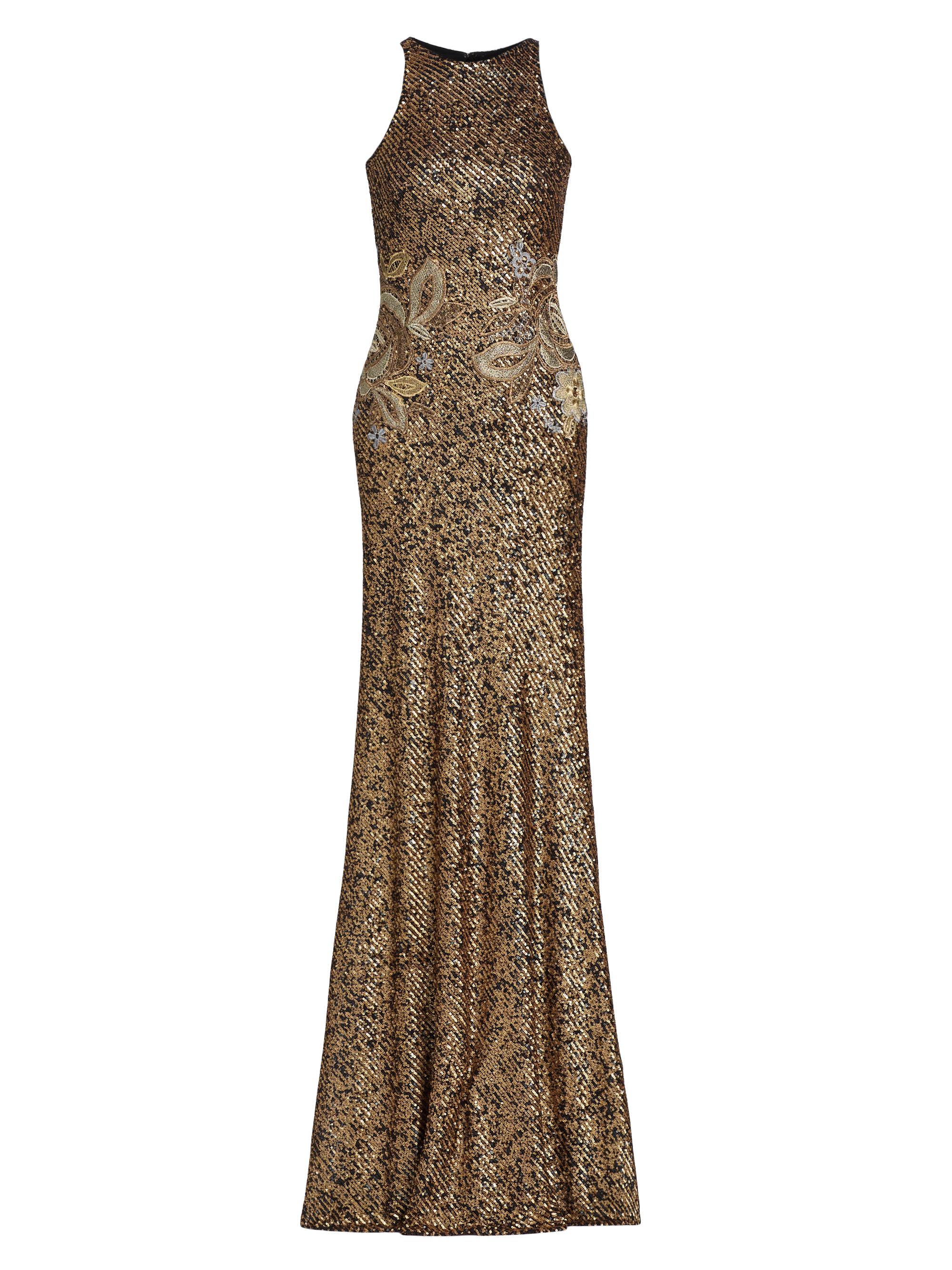 Naeem Khan Women's Floral-Appliquéd Stretch-Sequined Halterneck Gown - Gold