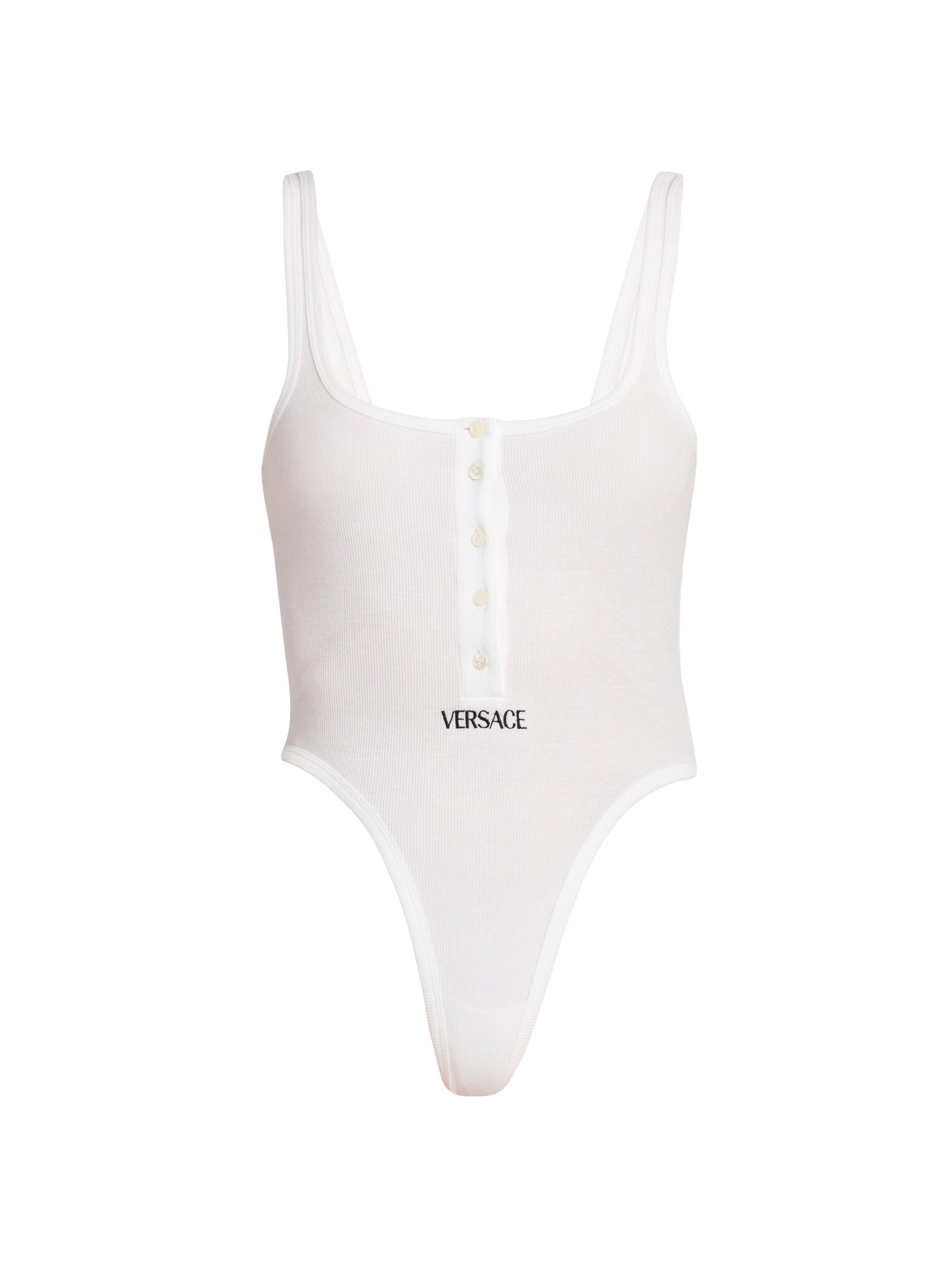Versace Women's Logo-Embroidered Ribbed Tank Bodysuit - Optical White