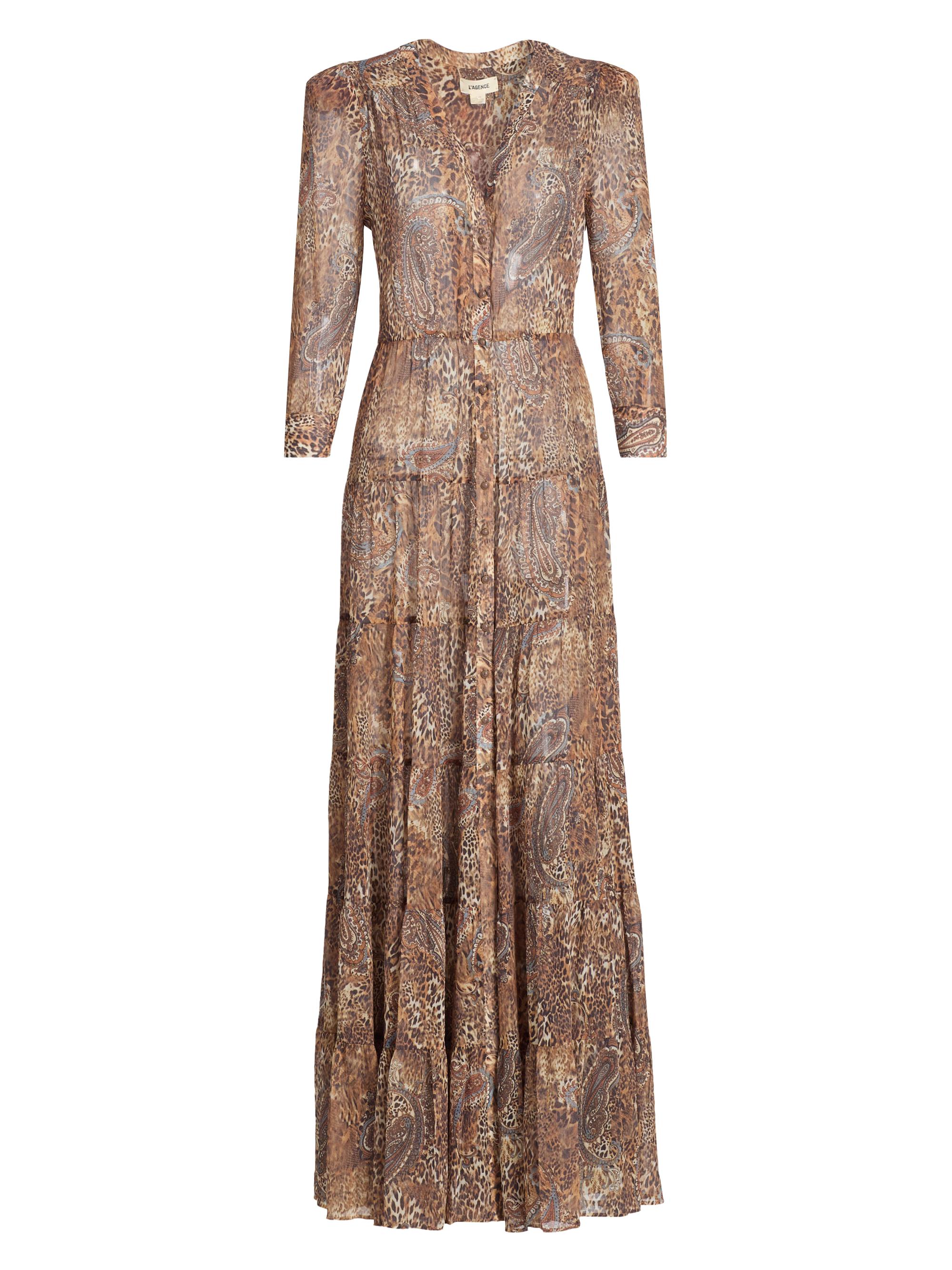 L'AGENCE Women's Seraphina Cheetah Paisley Tiered Maxi Dress - Brown Blue Valencia Leopard