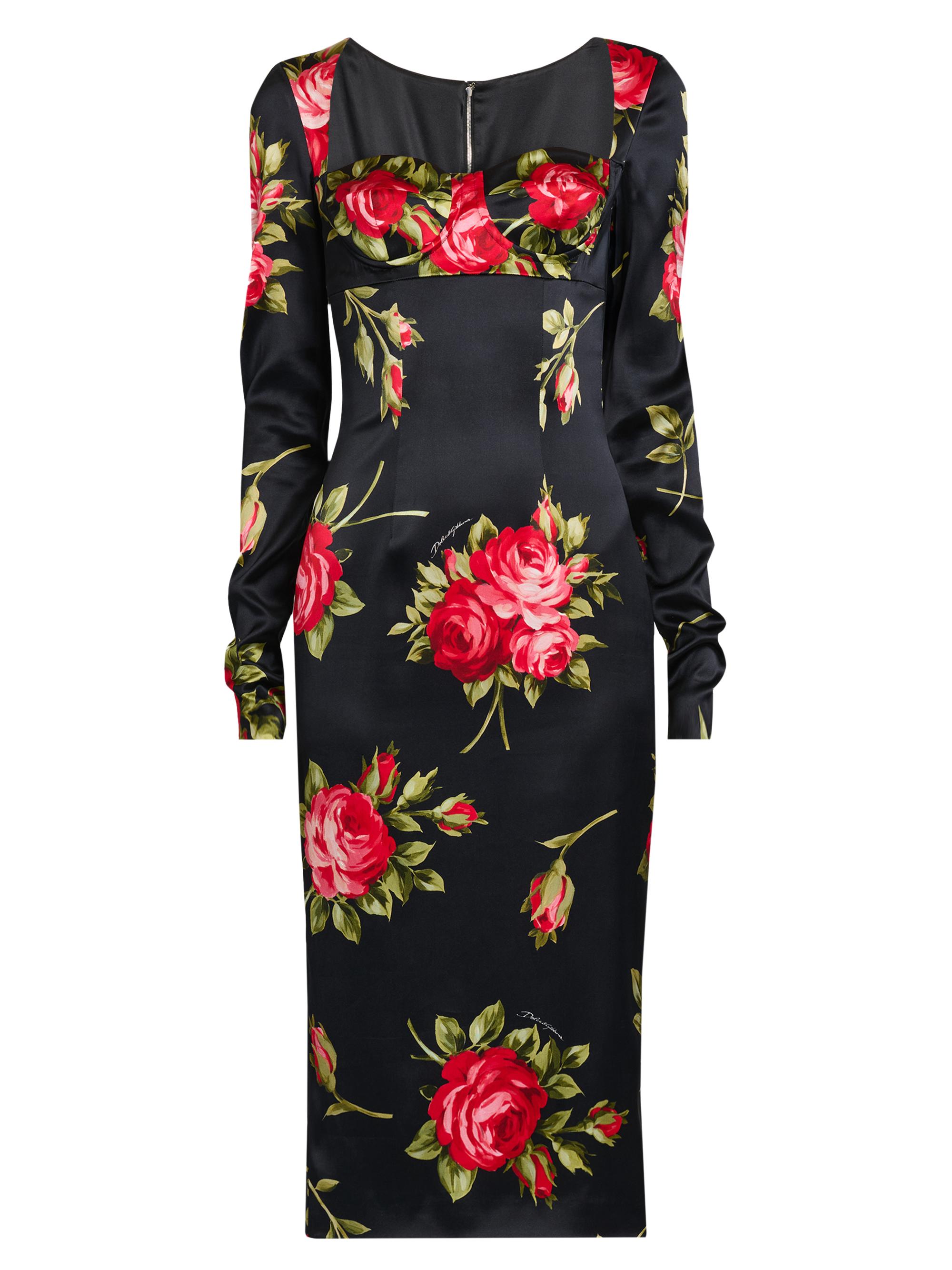 Dolce & Gabbana Women's Floral Satin Long-Sleeve Cocktail Dress - Bouquet Rose F Nero