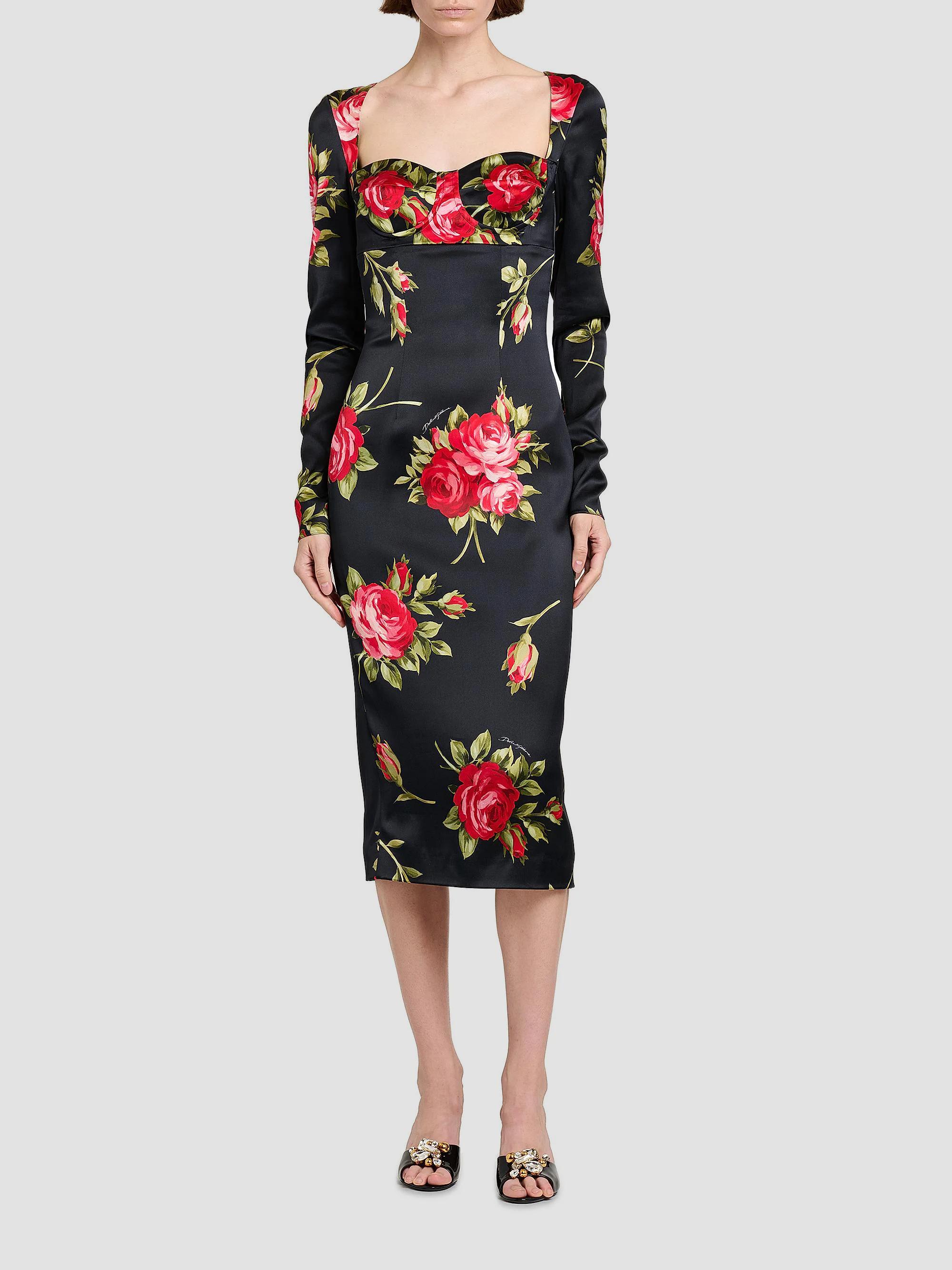 Dolce & Gabbana ローズ柄 ノースリーブ ワンピースリボン 花柄 Dolce&Gabbana Floral Satin Long-Sleeve Cocktail Dress | Saks Fifth