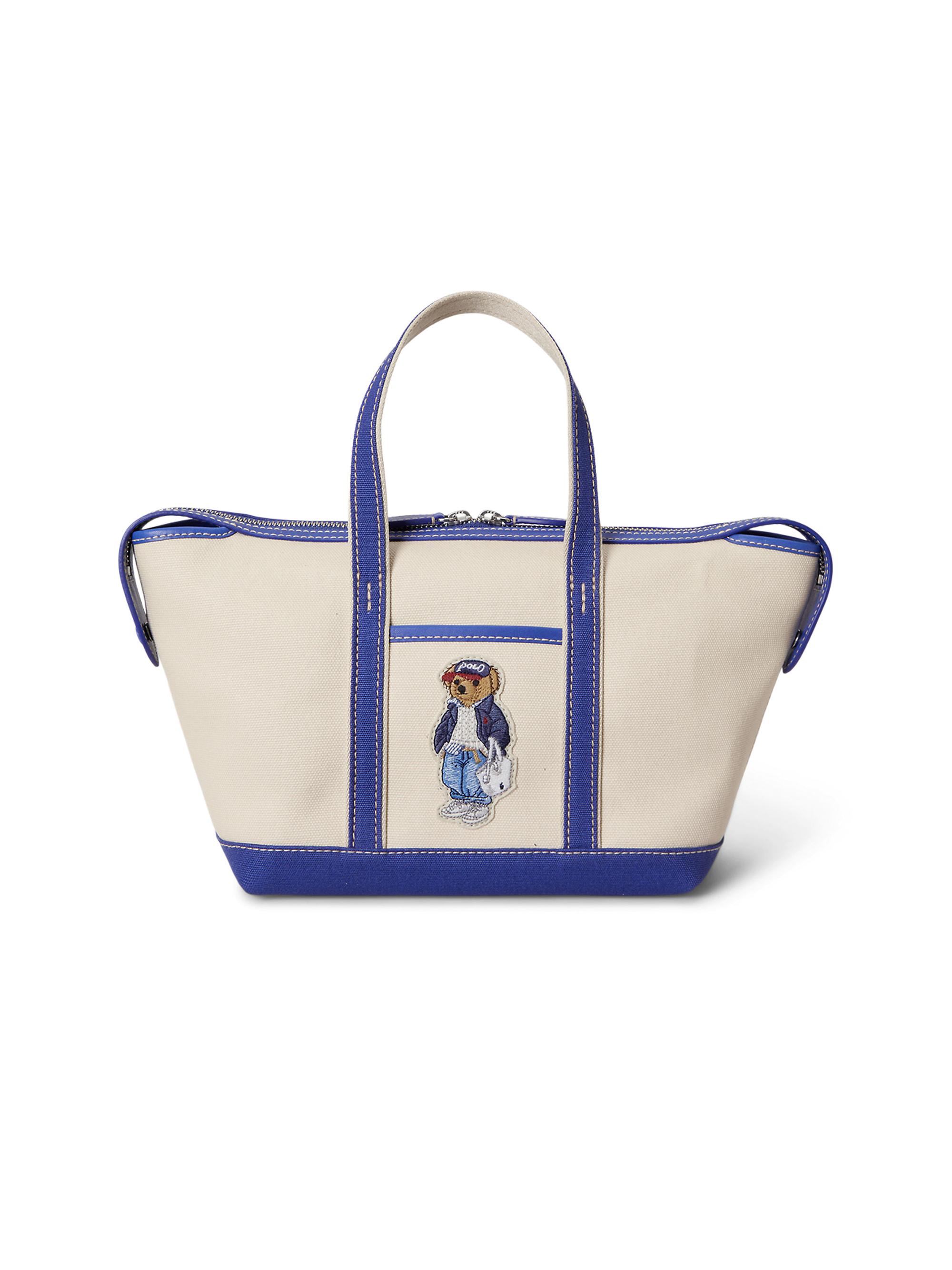 Polo Ralph Lauren Women's  Spring Bear Canvas Shopper Tote Bag - Ecru And Indigo Sky