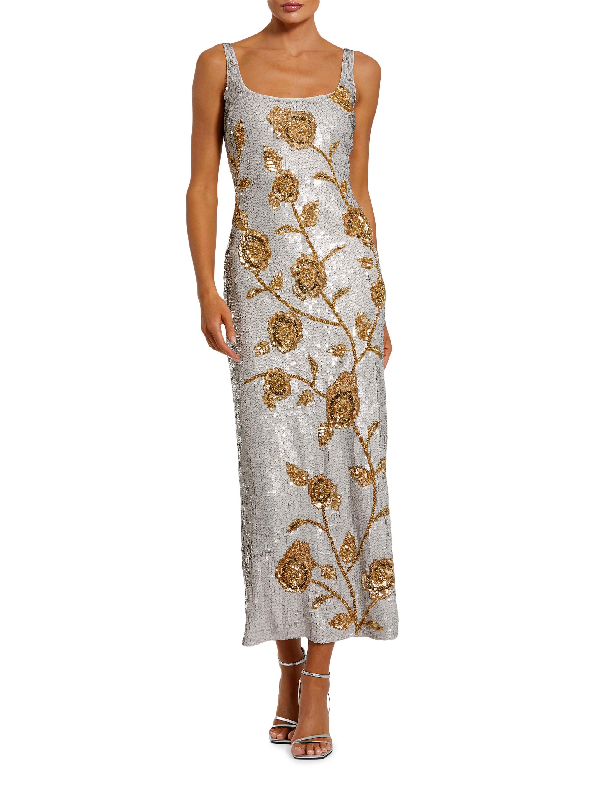 Mac Duggal Women's Cocktail Sequined Floral Mesh Dress - Platinum Gold