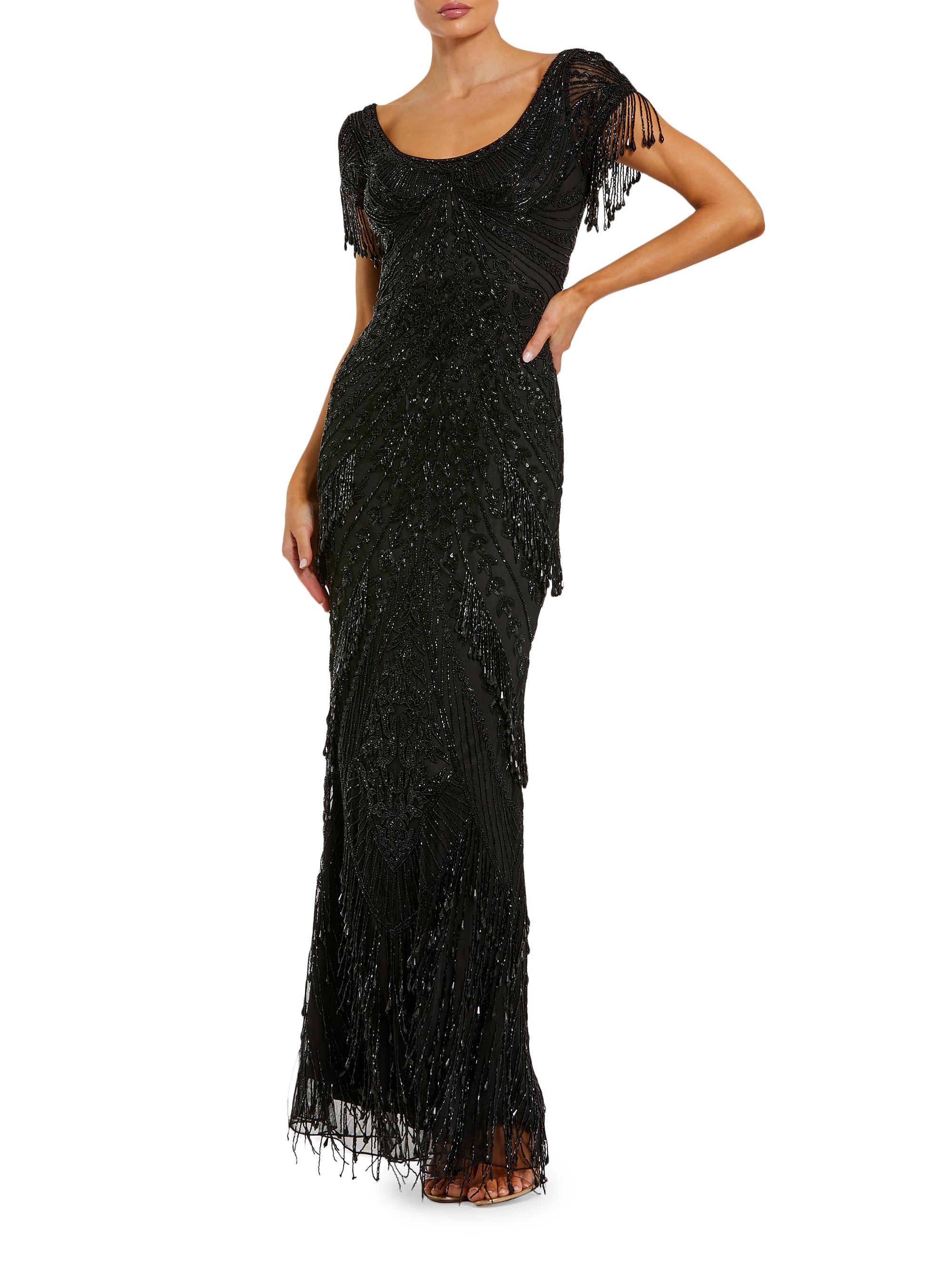 Mac Duggal Women's Evening Beaded Fringe Short-Sleeve Gown - Black
