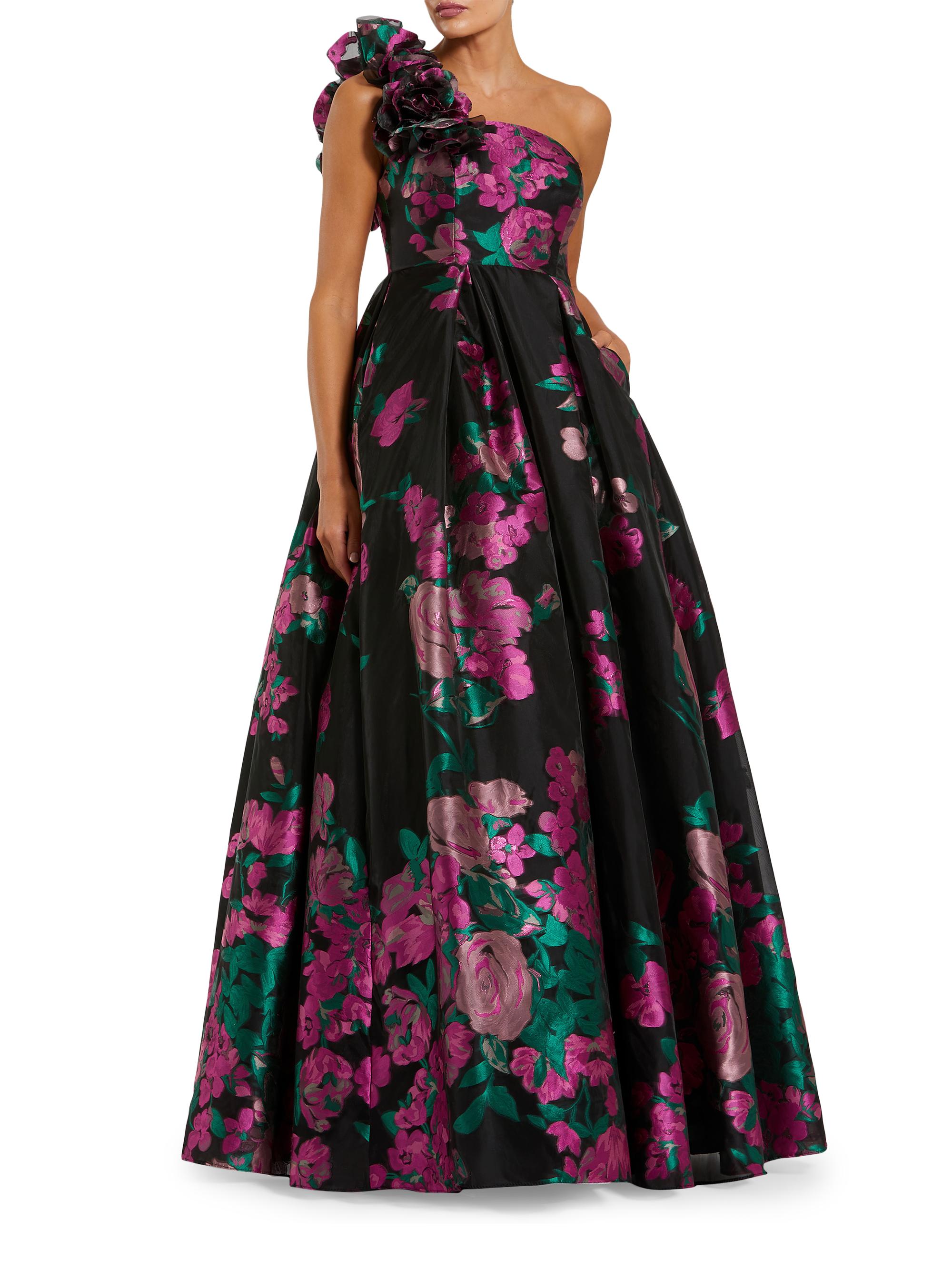 Mac Duggal Women's Evening Floral One-Shoulder Brocade Ball Gown - Black Multi