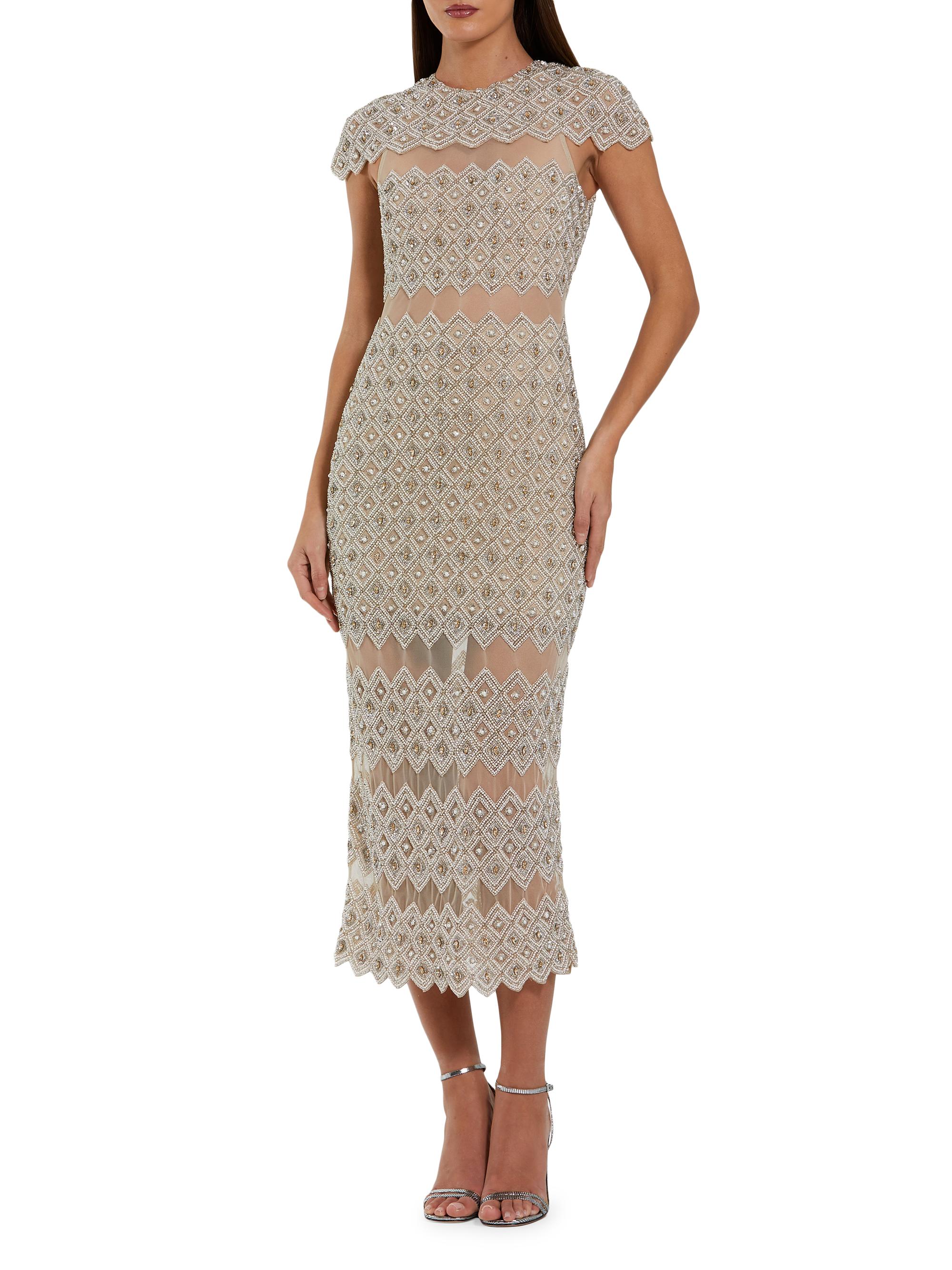 Mac Duggal Women's Cocktail Beaded Mesh Midi-Dress -  Beige