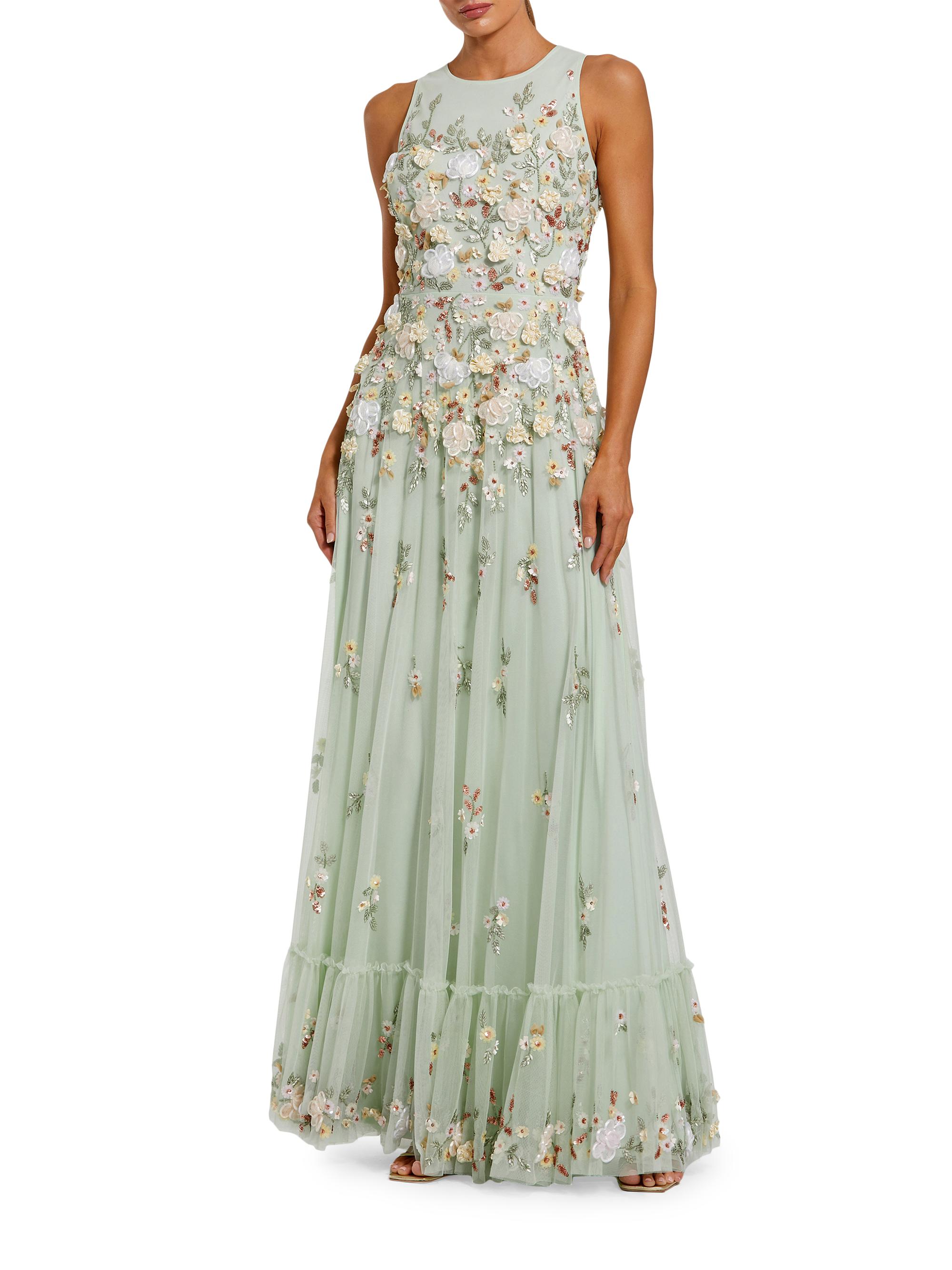 Mac Duggal Women's Evening Floral Embroidered Sleeveless Mesh Gown - Sage