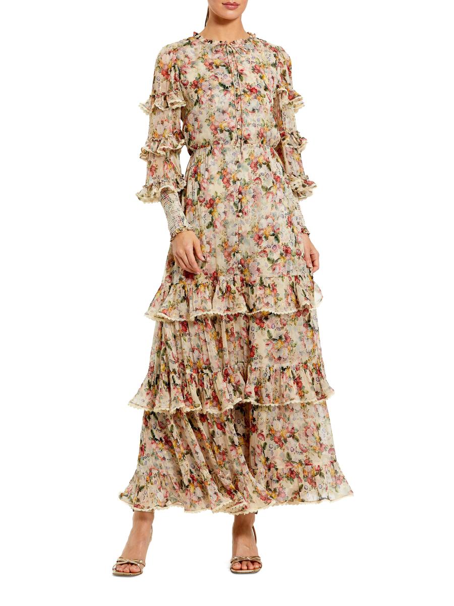 mac duggal floral-strap tiered ruffled pleated satin maxi dress Mac Duggal Women's Ieena Pleated Charmeuse Strapless Tiered Ruffle Gown - Spring Green