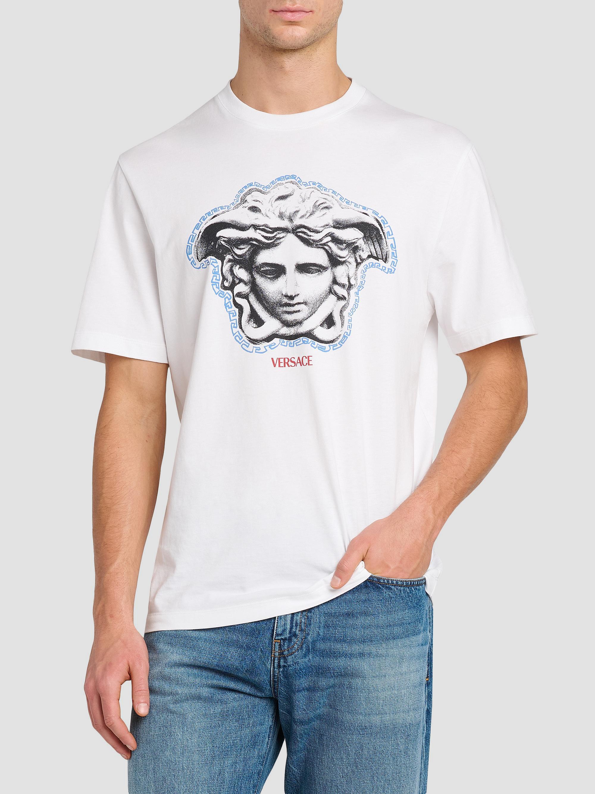 90's VERSACE グレカ柄ネック メデューサ刺繍 半袖ニット トップス Versace Greca Medusa Crewneck T-Shirt | Saks Fifth Avenue