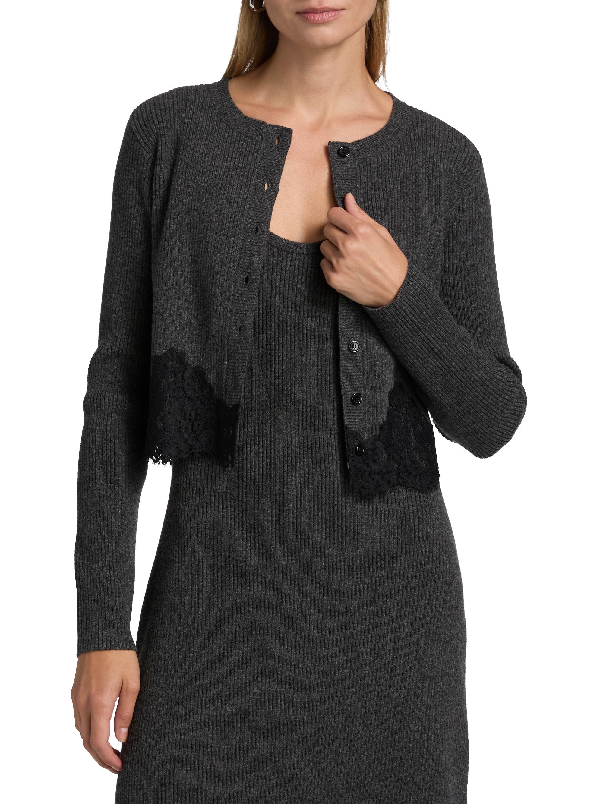 Ribbed Merino Wool Lace-Trim Crop Cardigan