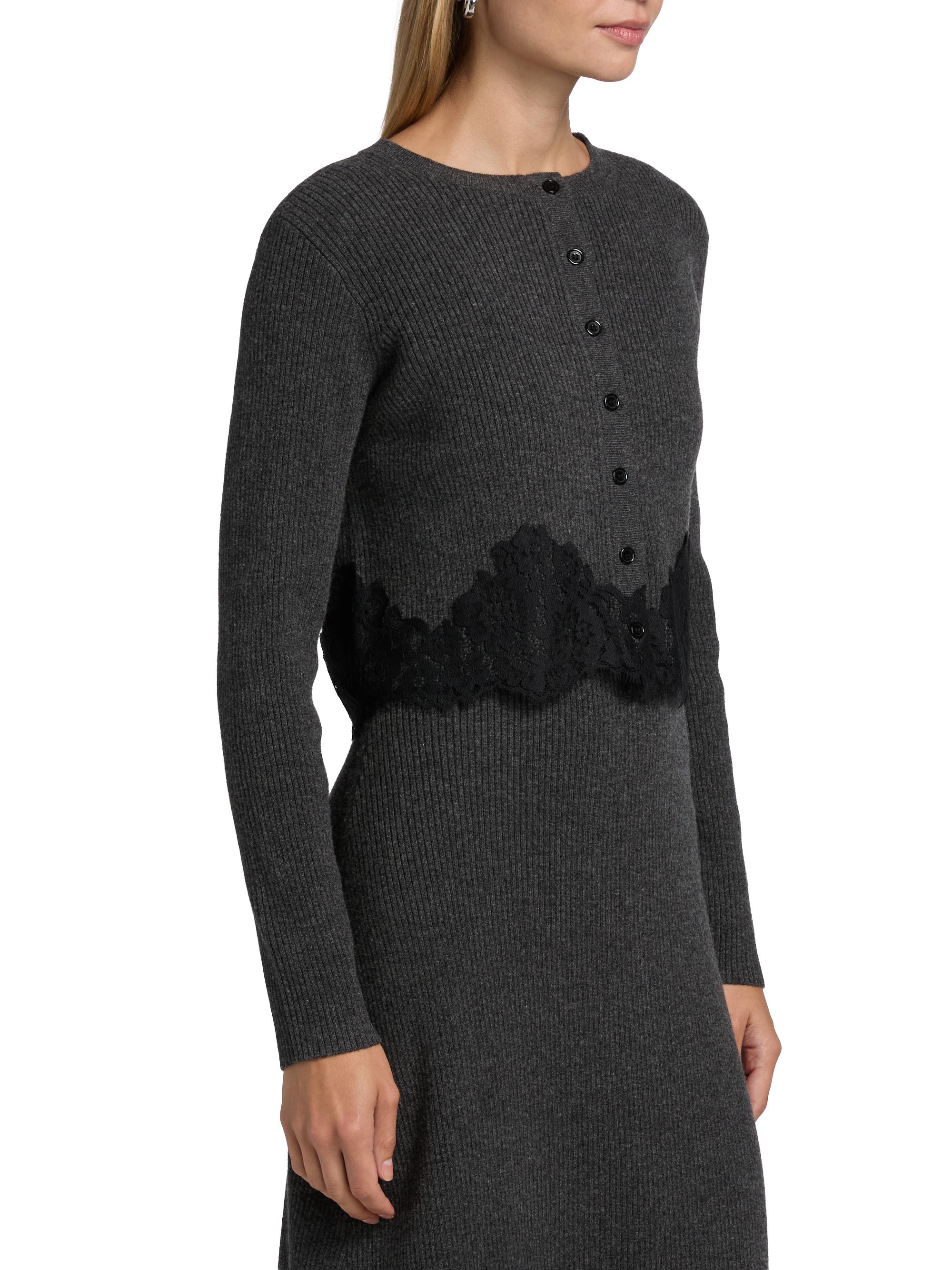 Ribbed Merino Wool Lace-Trim Crop Cardigan