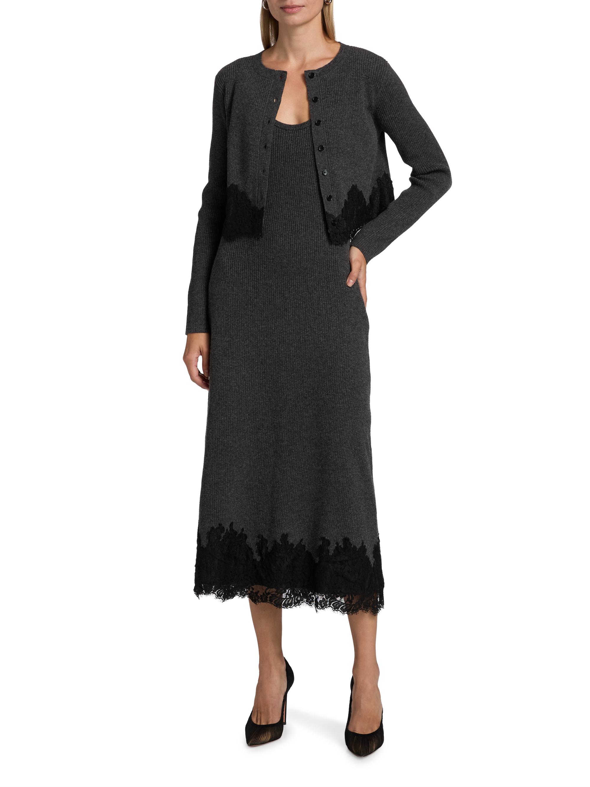 Ribbed Merino Wool Lace-Trim Crop Cardigan