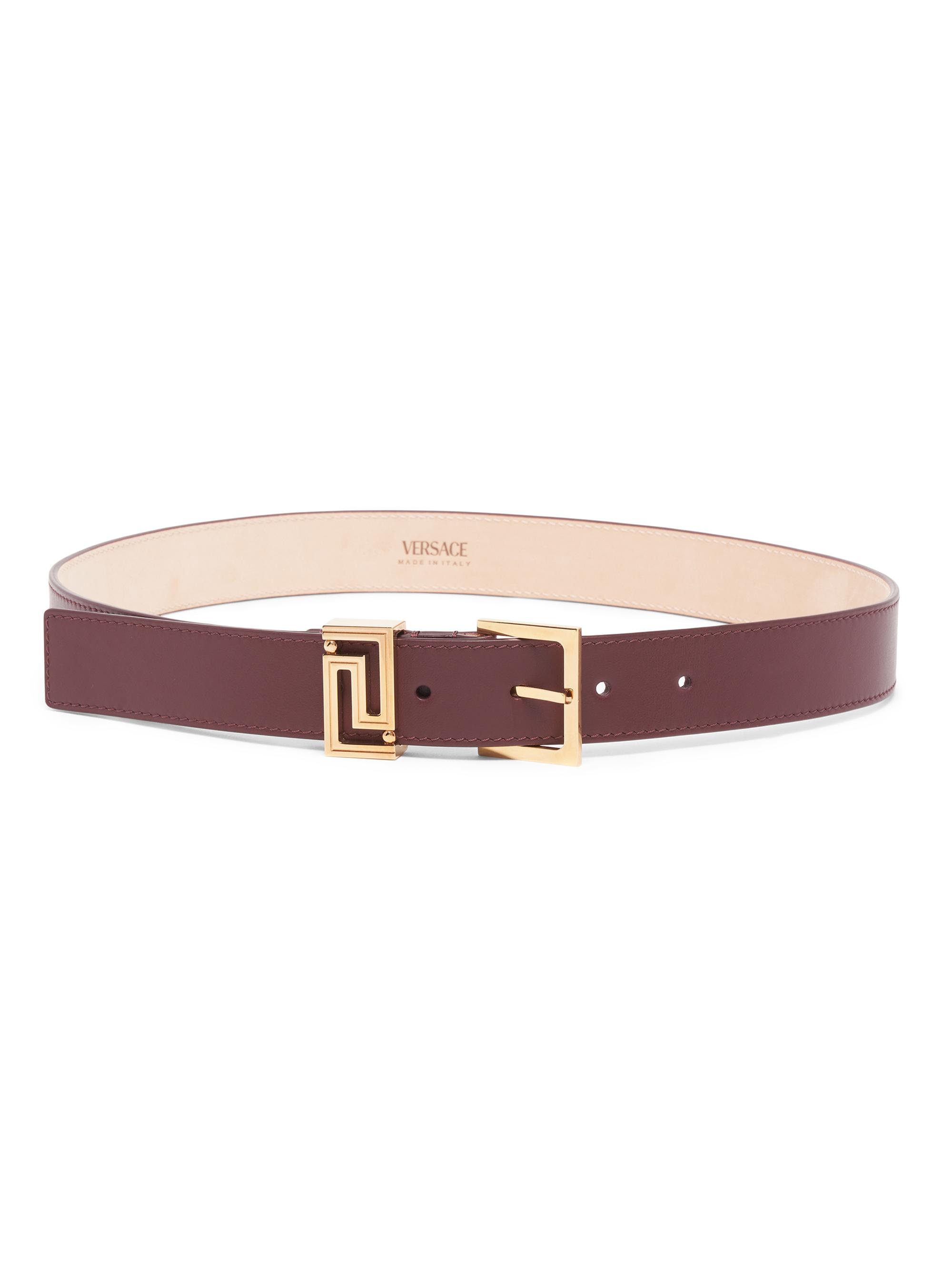 Versace Women's Leather Greek Key Logo Belt - Dark Burgundy  Gold