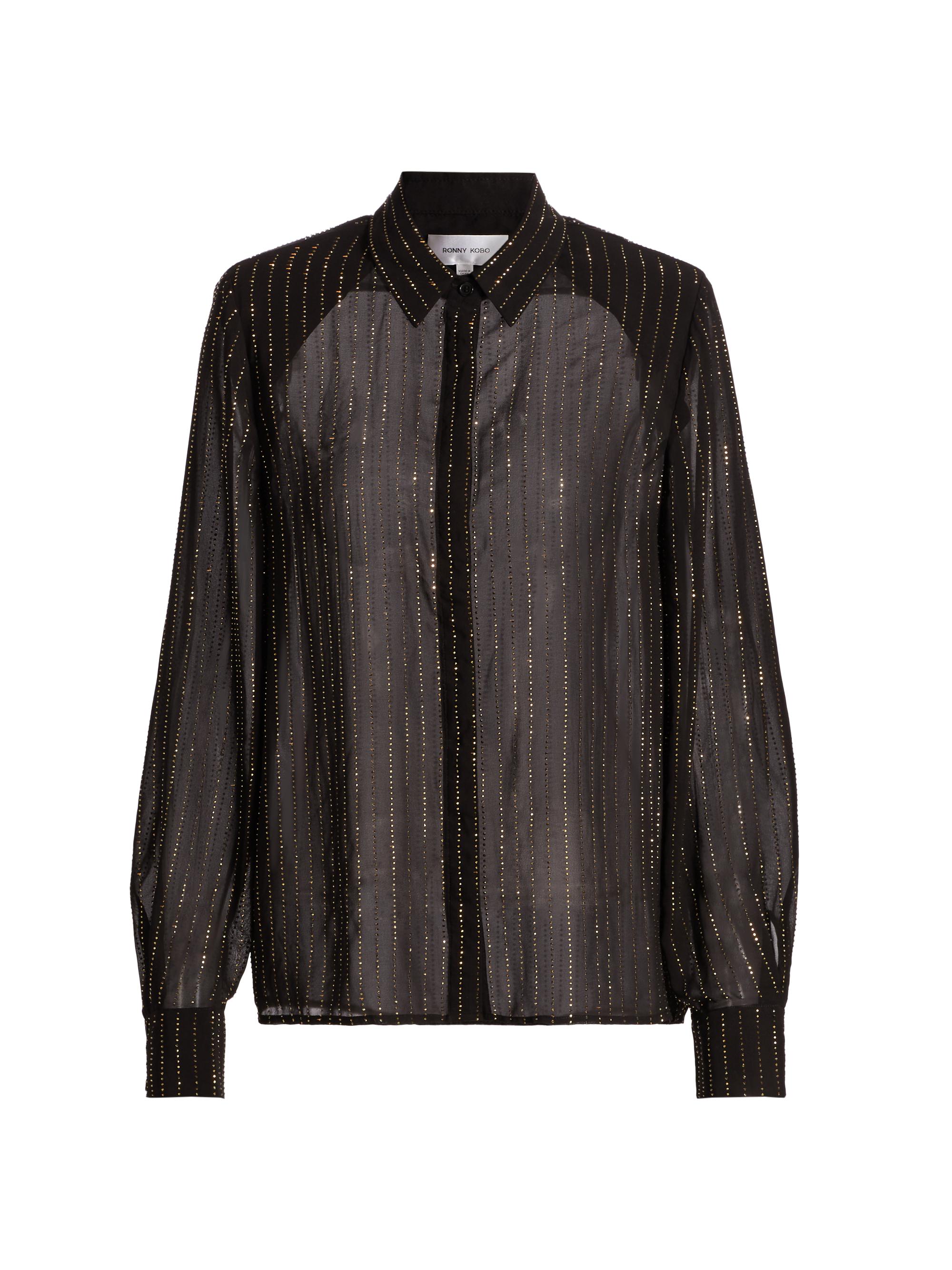 Ronny Kobo Women's Lune Crystal-Pinstriped Semi-Sheer Blouse - Black With Topaz Crystals