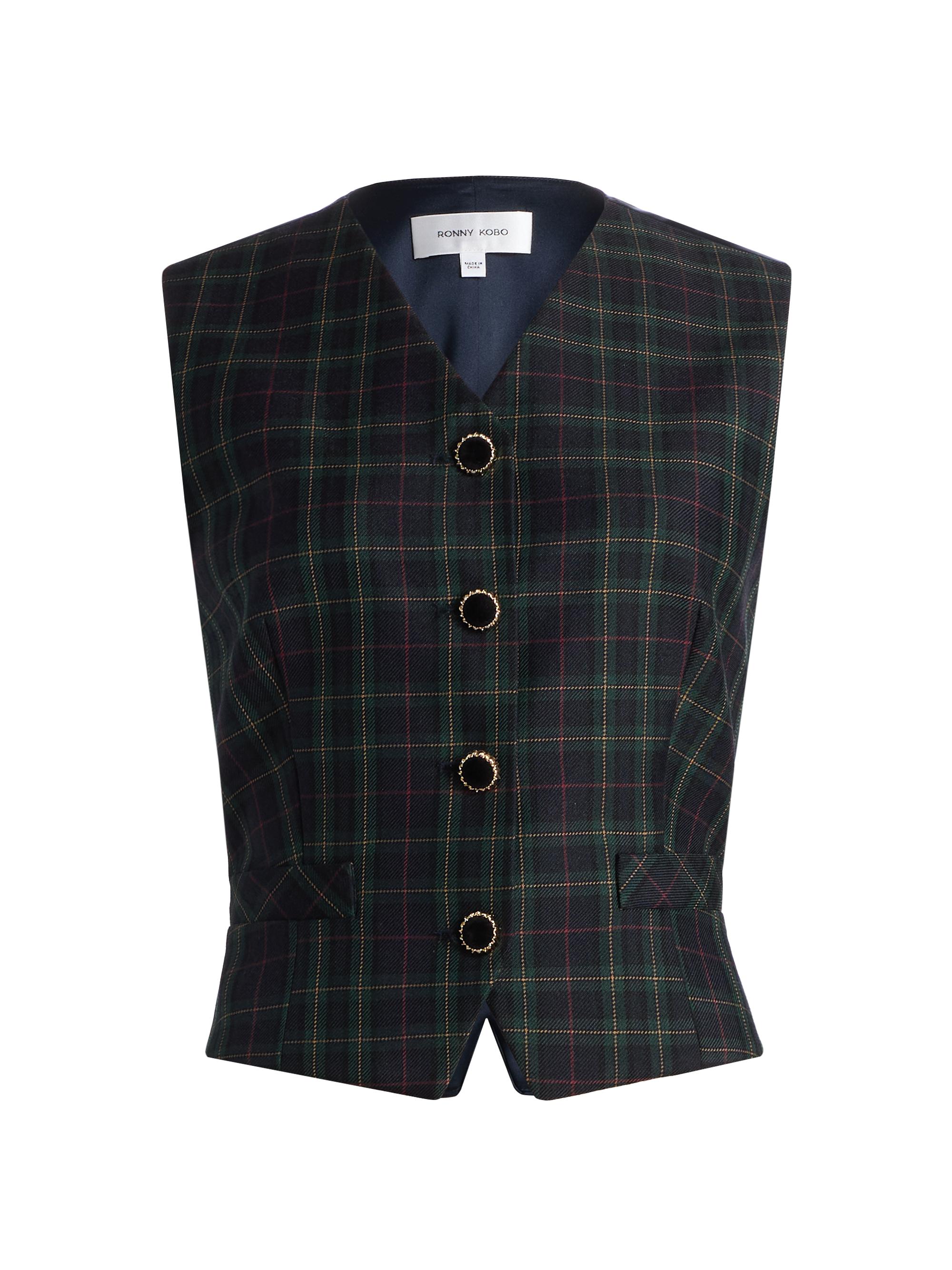 Ronny Kobo Women's Lily Plaid Vest - Navy Green Plaid