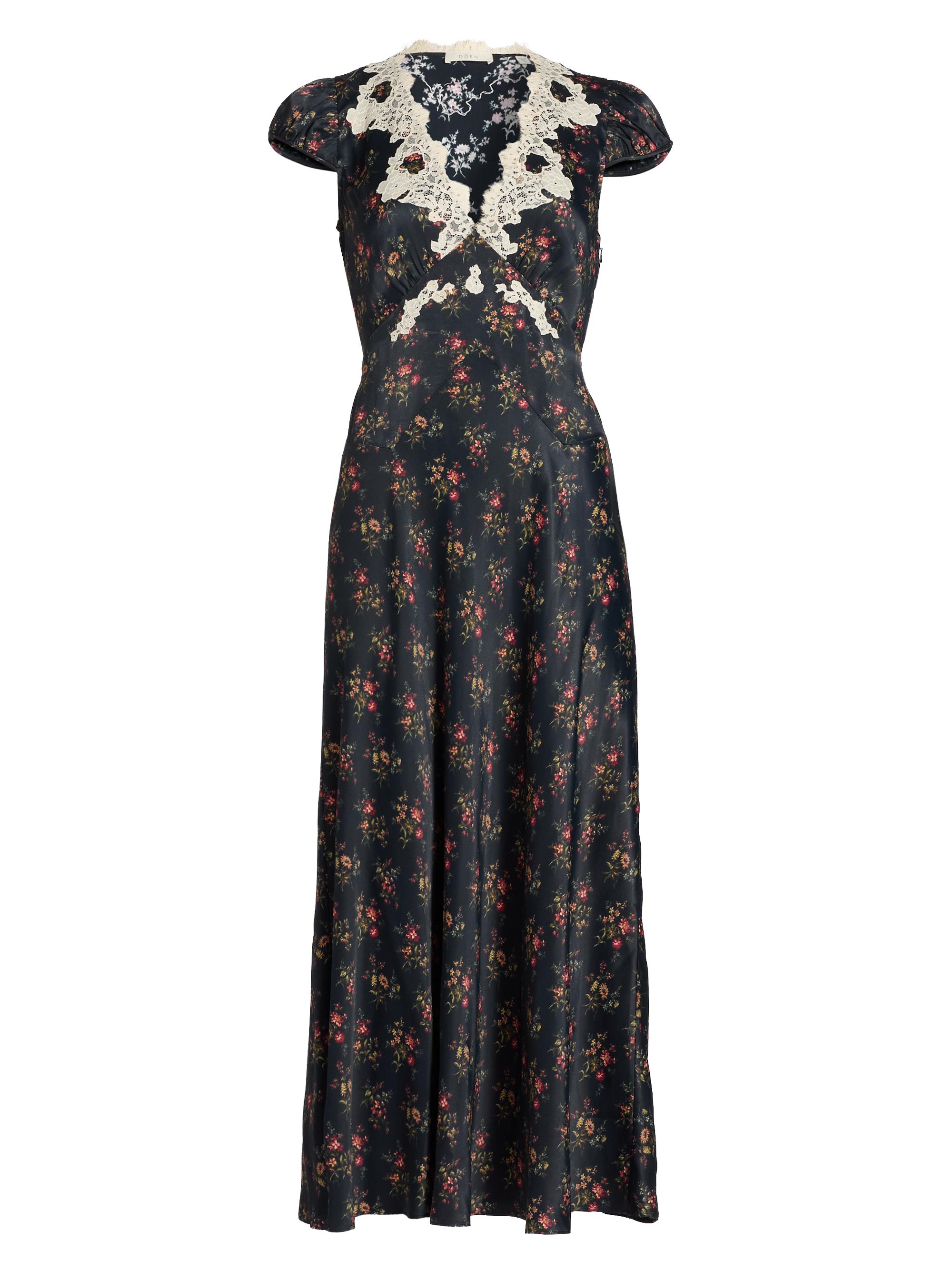 DÔEN Women's Coraline Lace-Trim Floral Satin Midi-Dress - Fleur Du Palais
