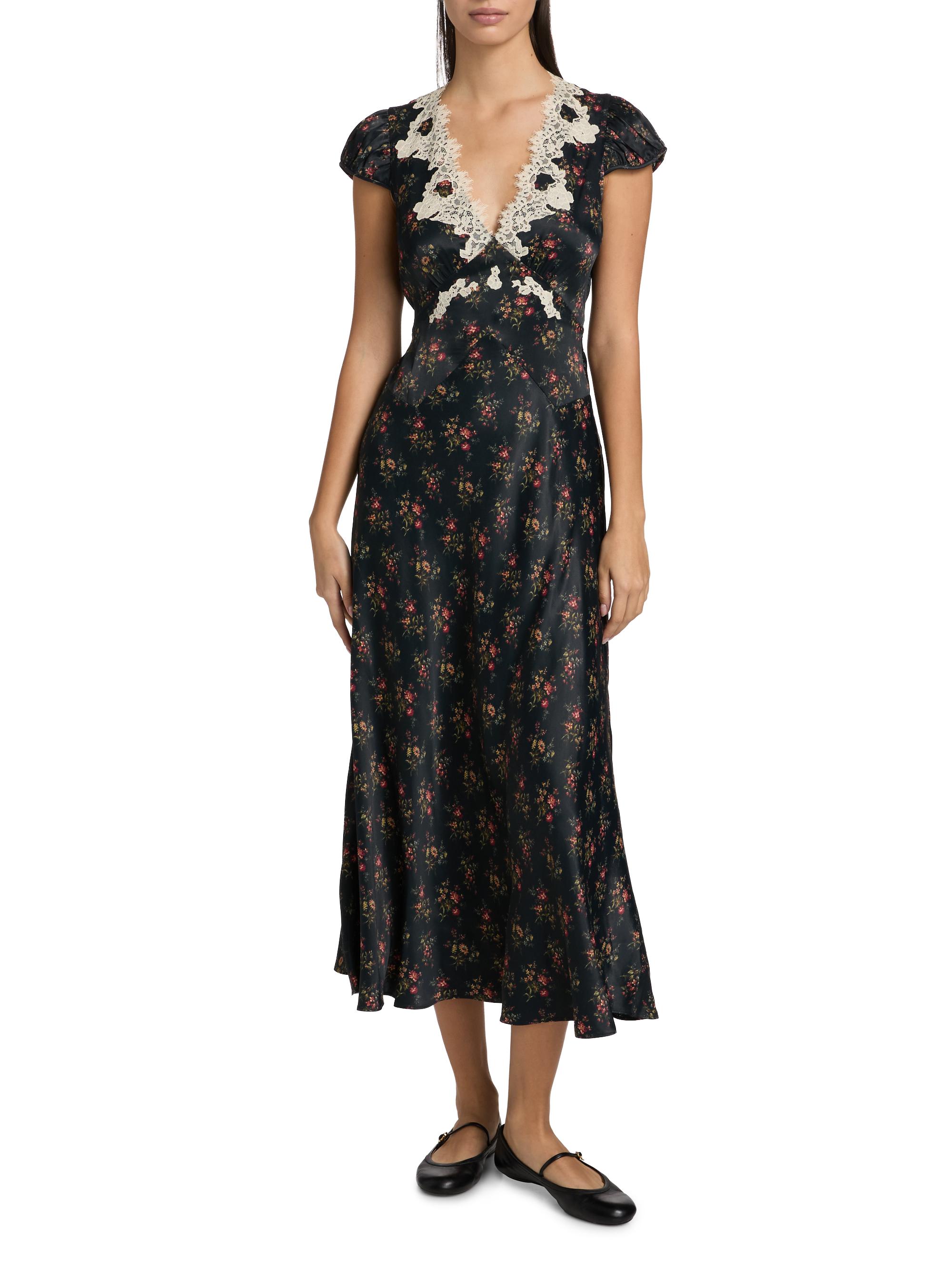 DEN Coraline Lace-Trim Floral Satin Midi-Dress - Dresses & Skirts