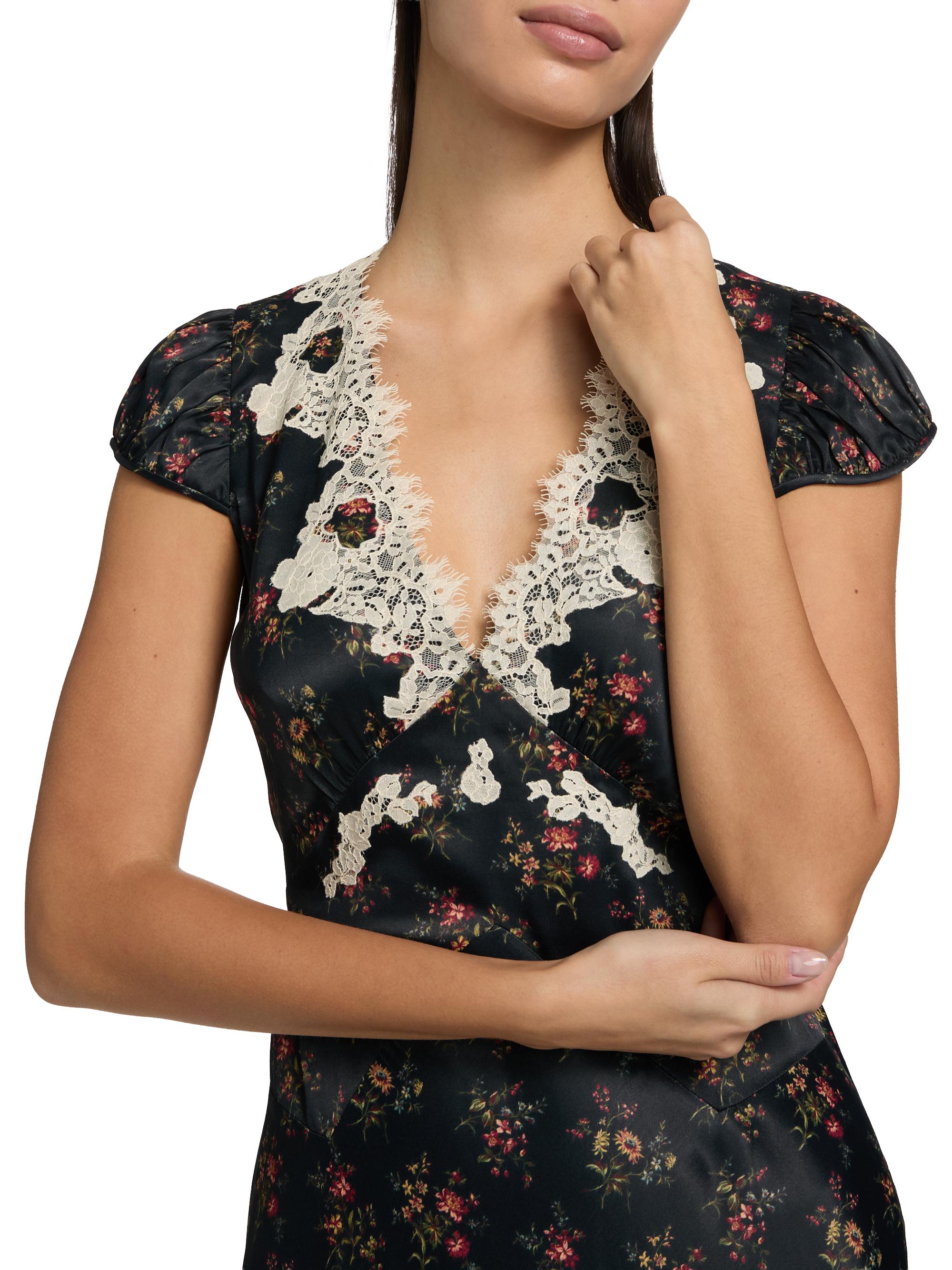 DEN Coraline Lace-Trim Floral Satin Midi-Dress - Dresses & Skirts