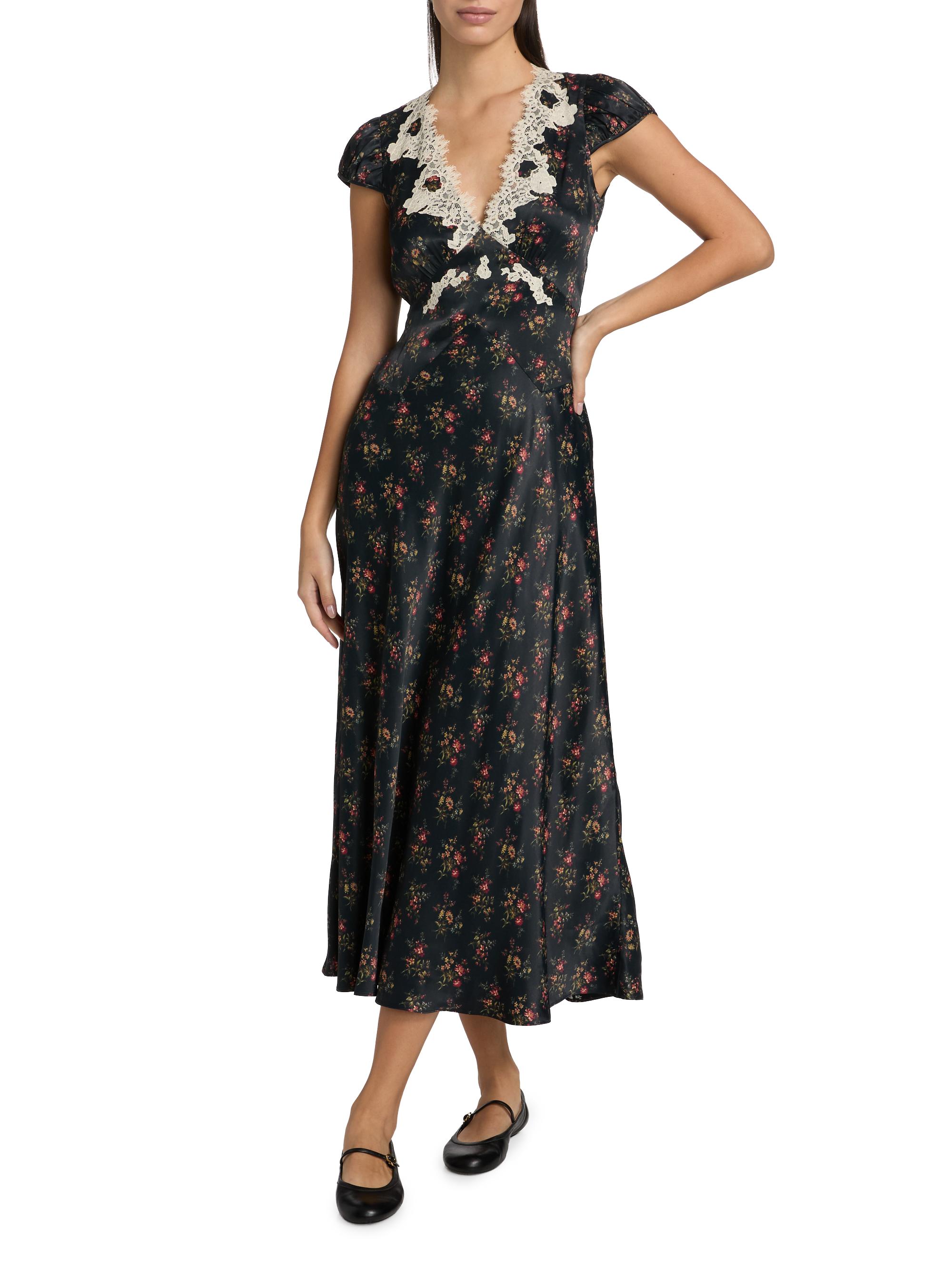DEN Coraline Lace-Trim Floral Satin Midi-Dress - Dresses & Skirts