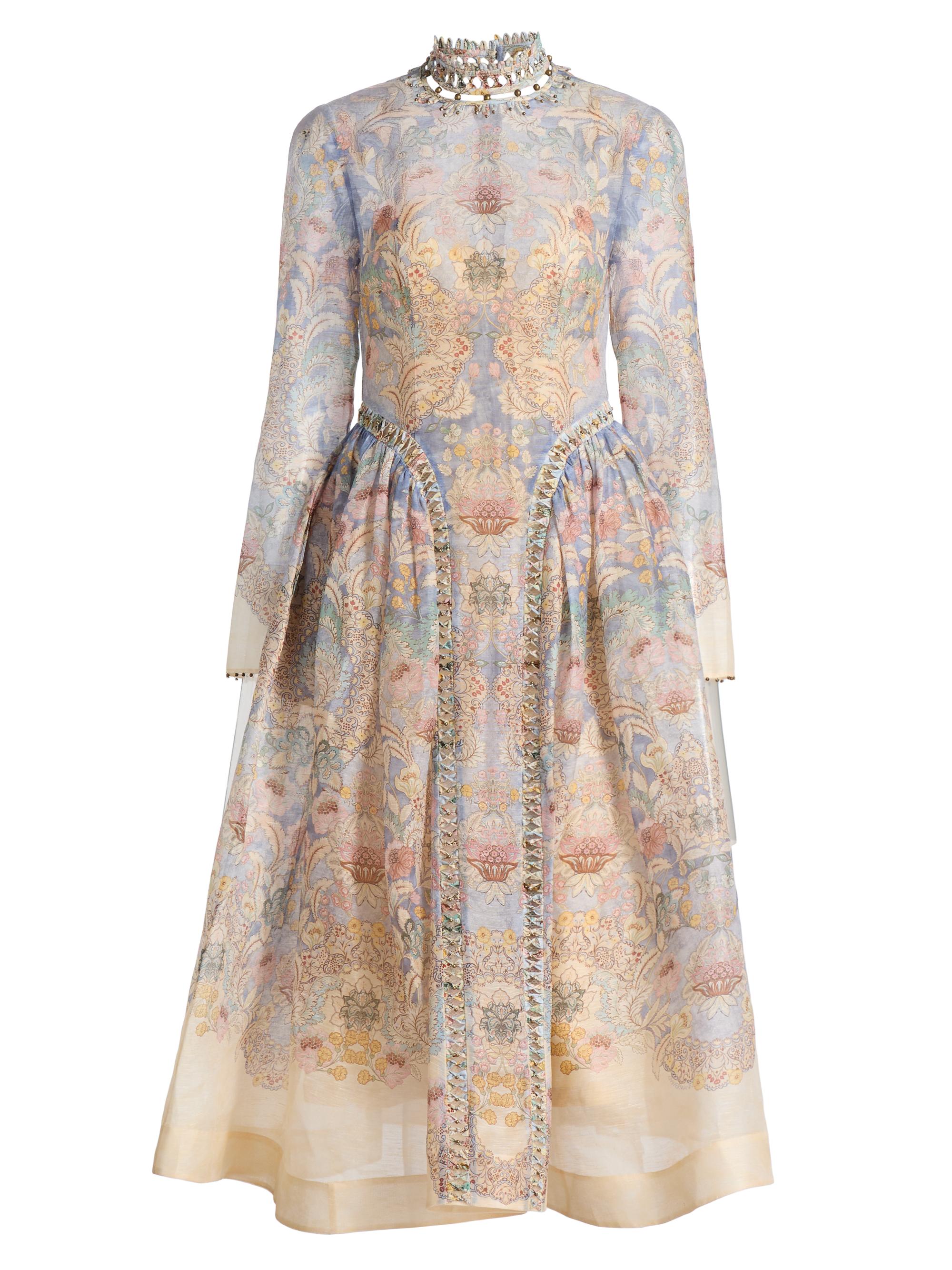 Zimmermann Women's Rebellion Beaded Floral Linen-Silk Midi-Dress - Blue Floral