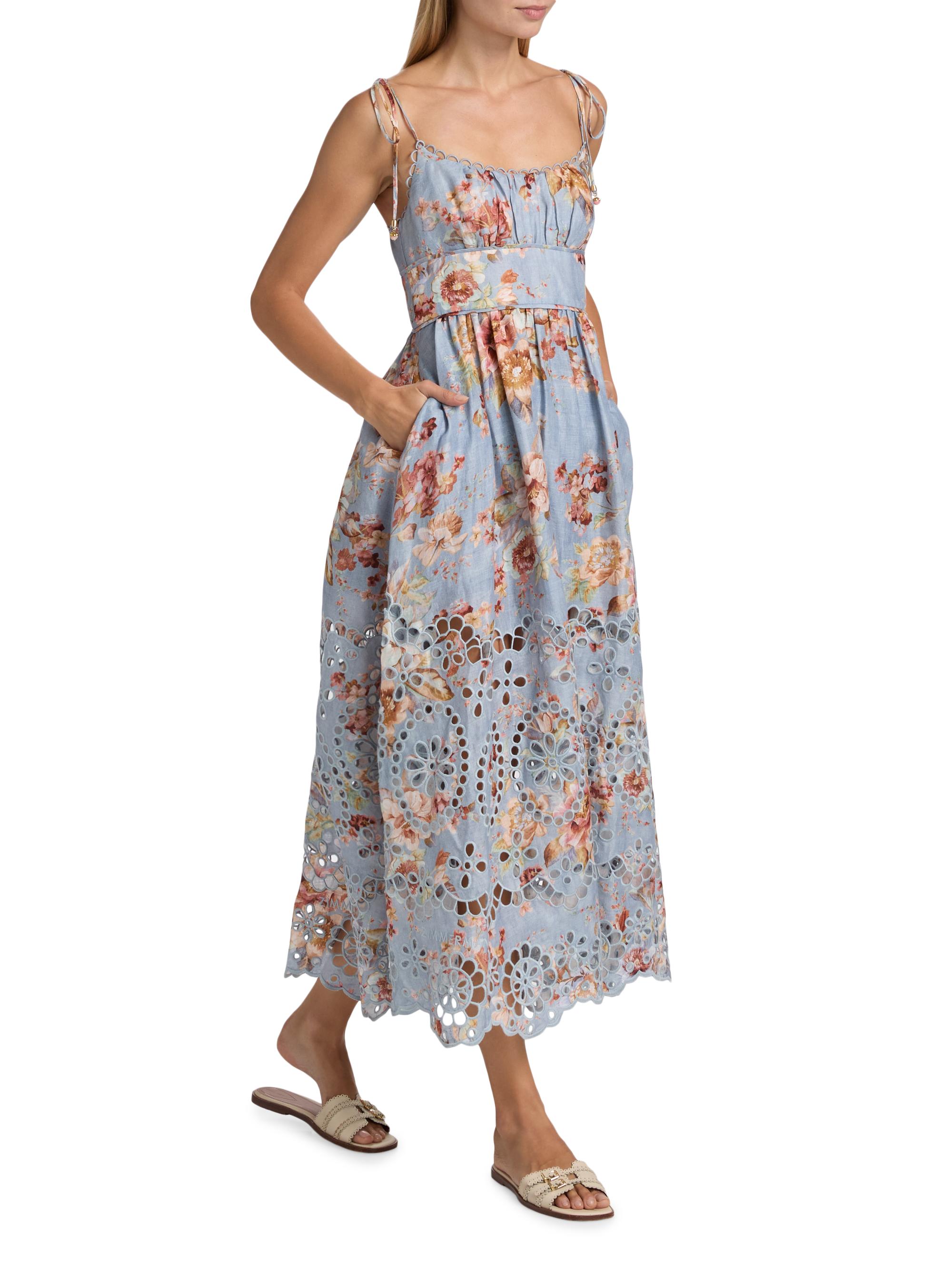 Zimmermann Awaken Picnic Floral Laser-Cut Linen Midi-Dress | Saks