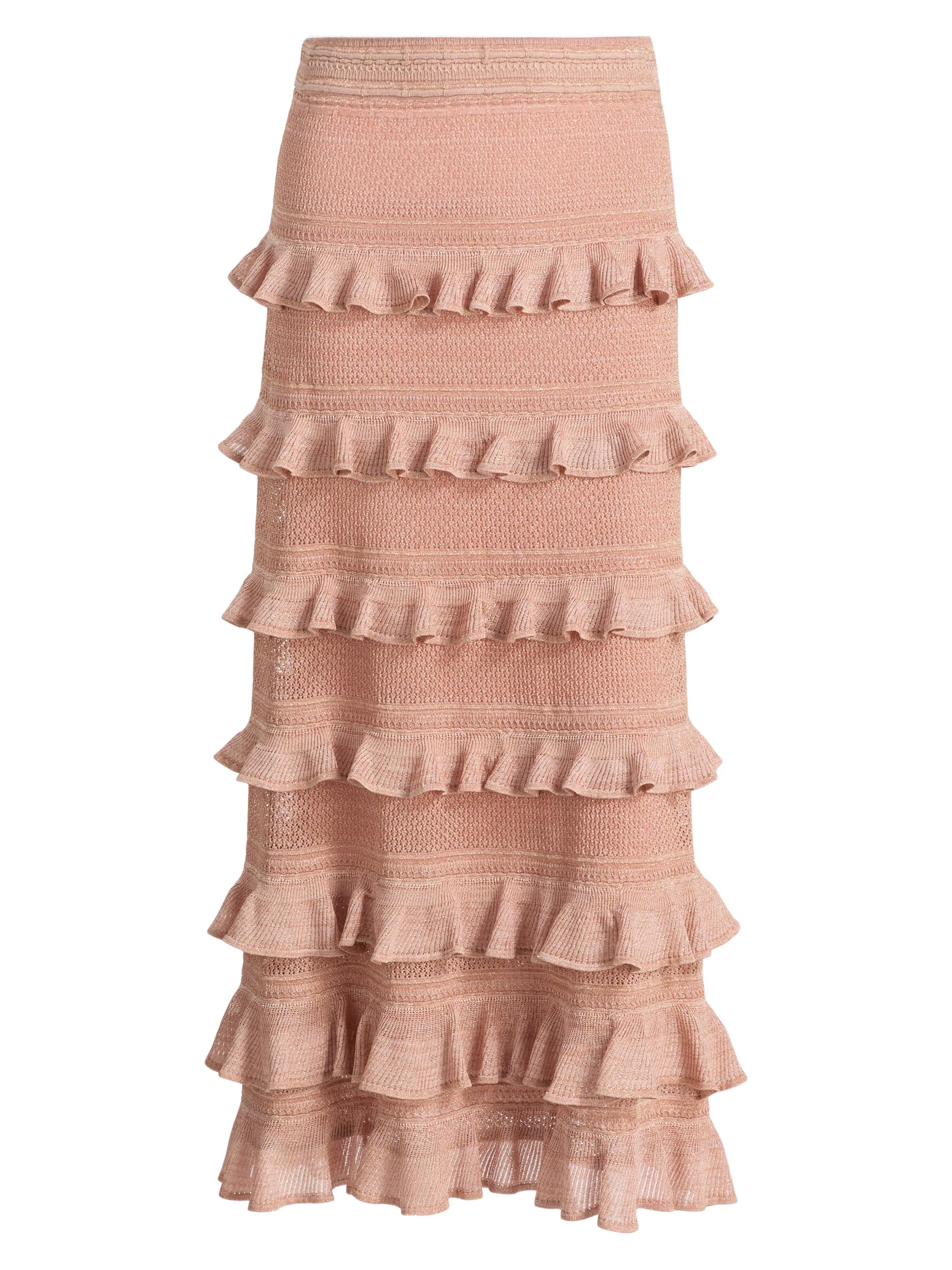Women’s Tiered-Frilled Midi-Skirt – Metallic Rose Gold – Size 6