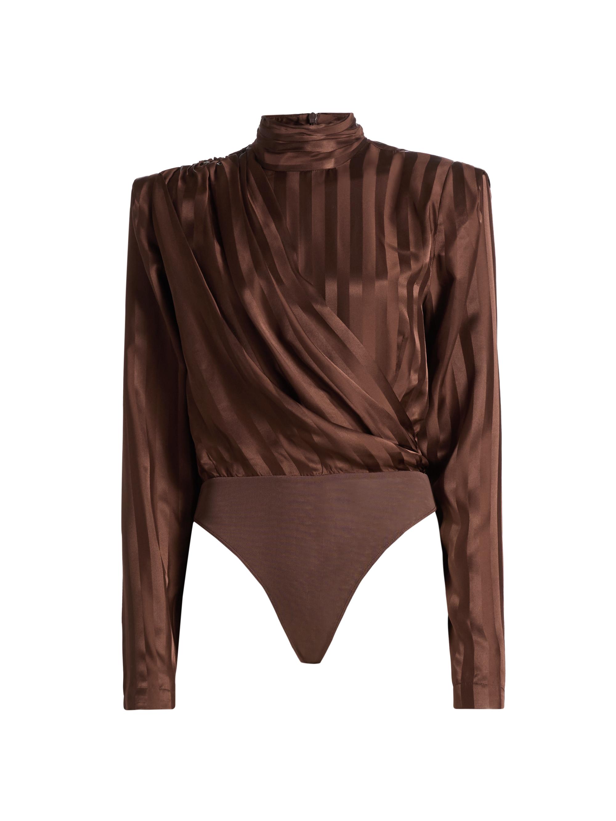 Ronny Kobo Women's Poppins Striped Satin Draped Bodysuit - Brown