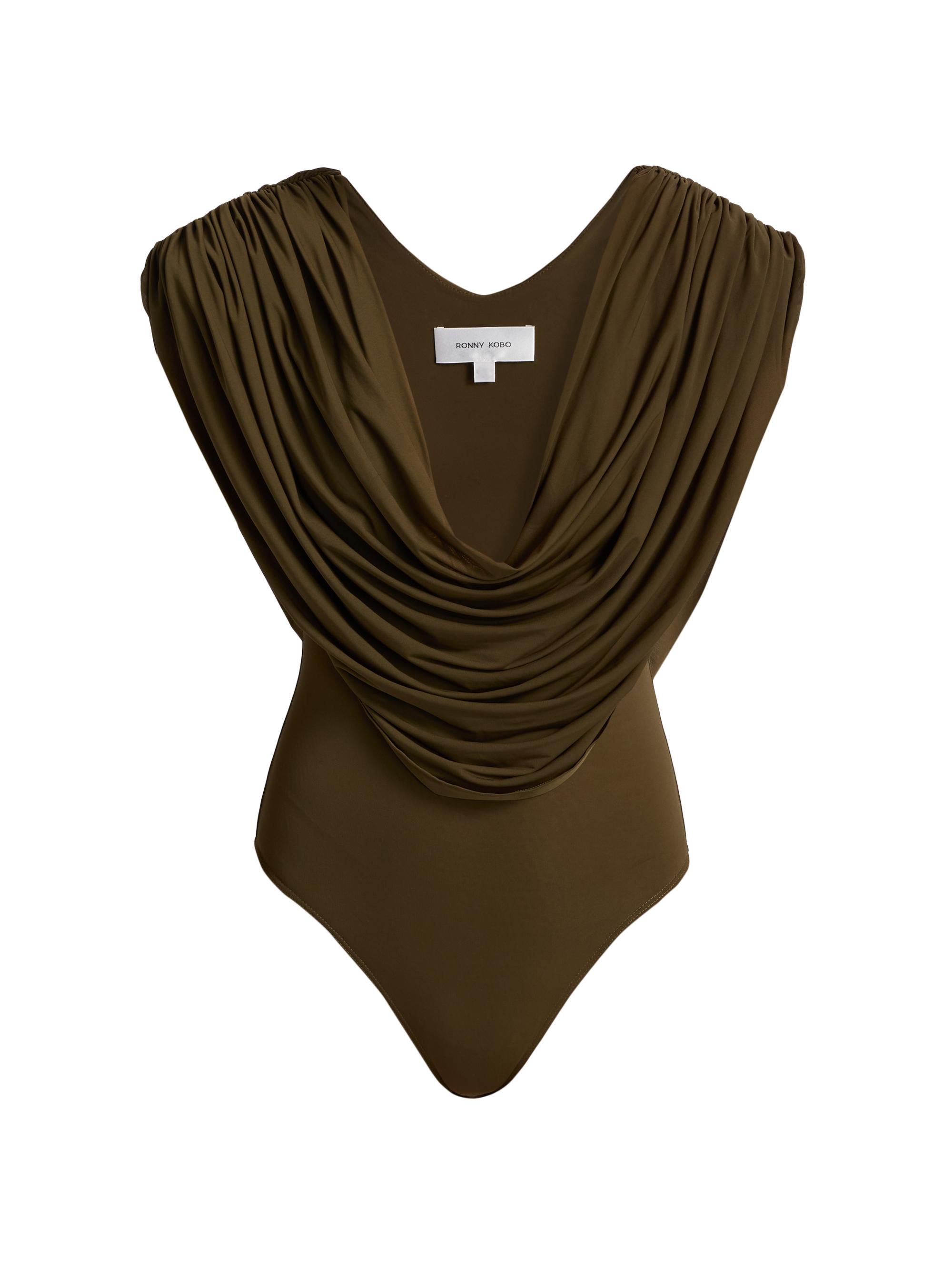 Ronny Kobo Women's Cindi Plunging Cowlneck Bodysuit - Burnt Olive