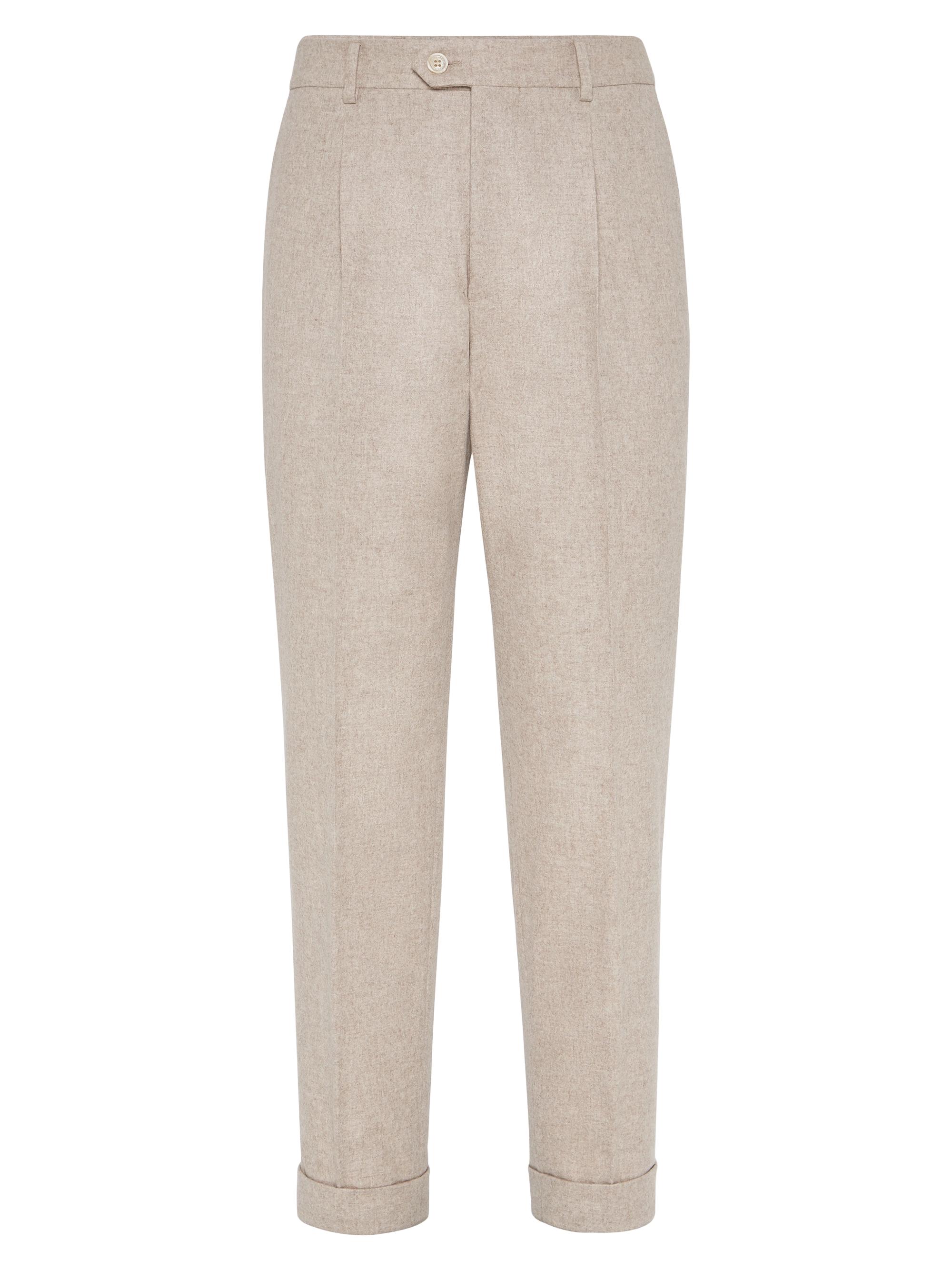 Brunello Cucinelli Men's Mélange Cashmere Flannel Leisure Fit Trousers with Pleat - Beige